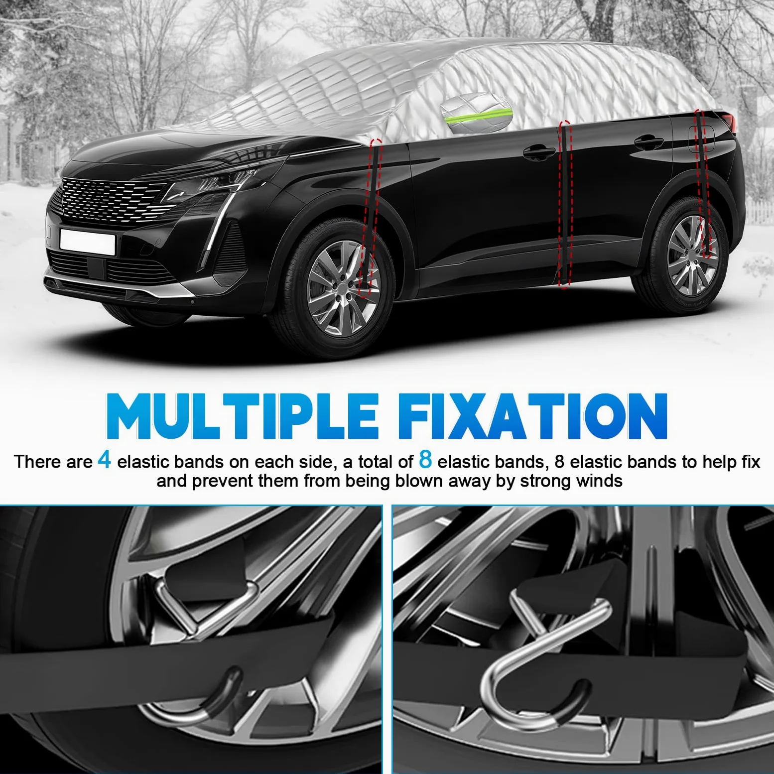 Funda de Coche Exterior Compatible con Peugeot 5008 T87 P87 2009-2025, 6 Capas Media Funda Coche con Ganchos, Tira Reflectante y Tapones para Orejas para Protección contra Hielo y Nieve