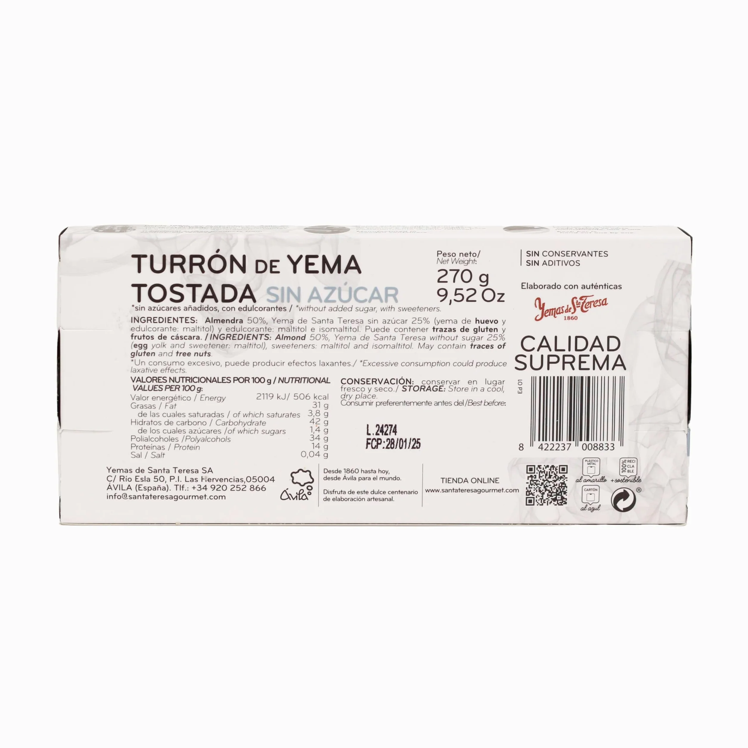 Turrón de Yema Tostada Sin Azúcar Santa Teresa 270g