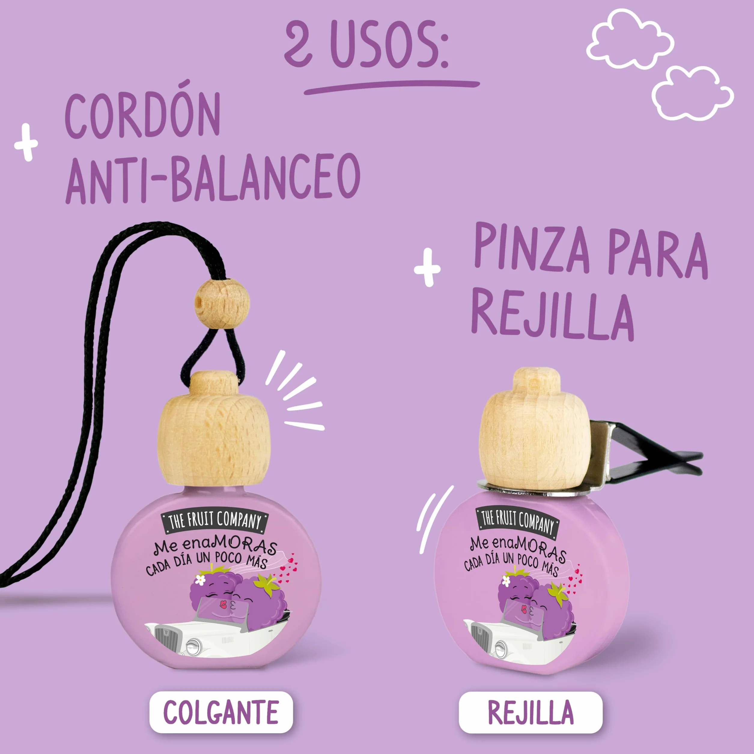 The Fruit Company - Ambientador de coche con Absorbe olores, aroma frutal MORAS, Pack de 4 unidades