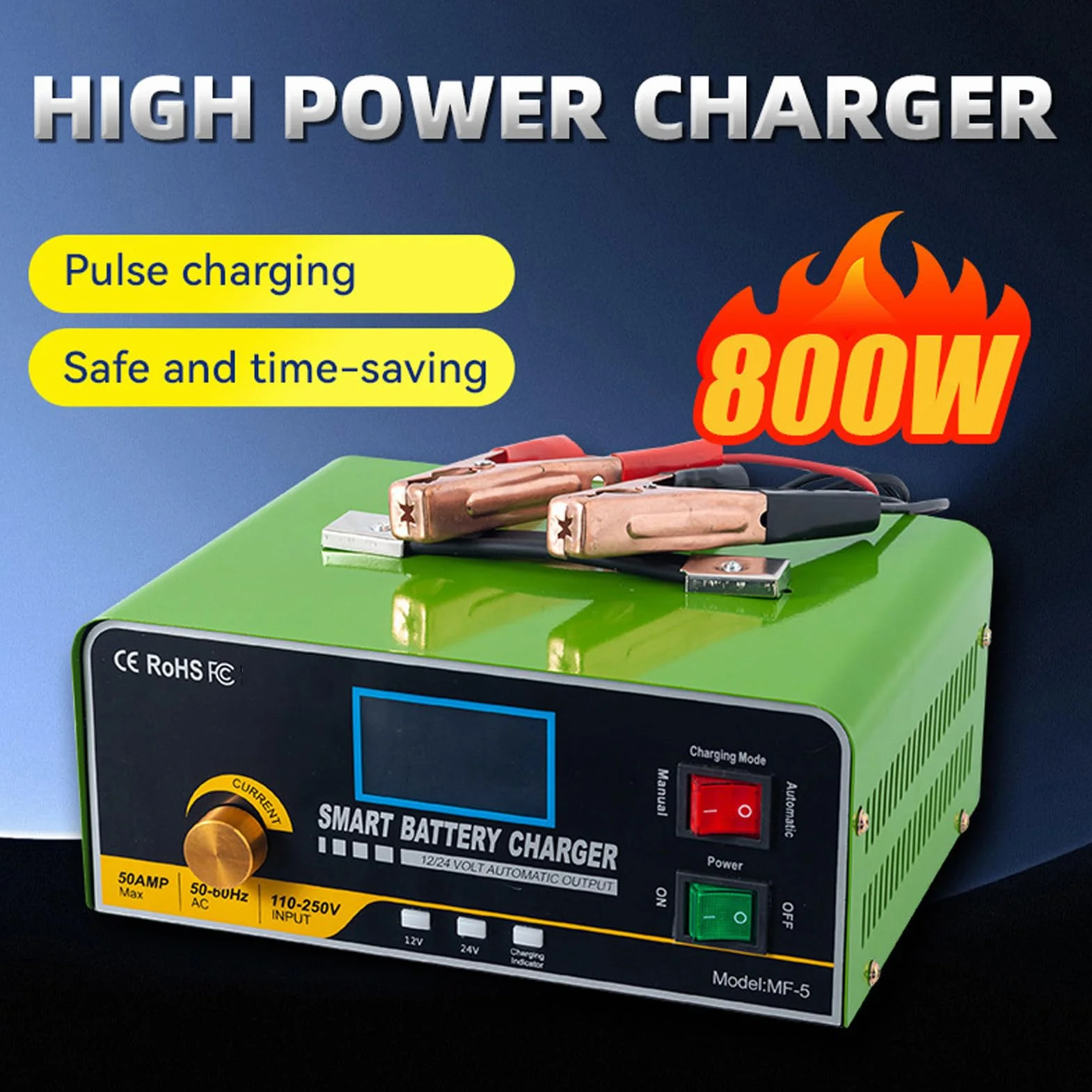 Cargador de Batería Inteligente, Carga Rápida, Acero Inoxidable, Cargador de Batería Automático de Seguridad contra Sobrecarga de 800 W, Ideal para Climas Fríos y bajo Voltaje (Enchufe de