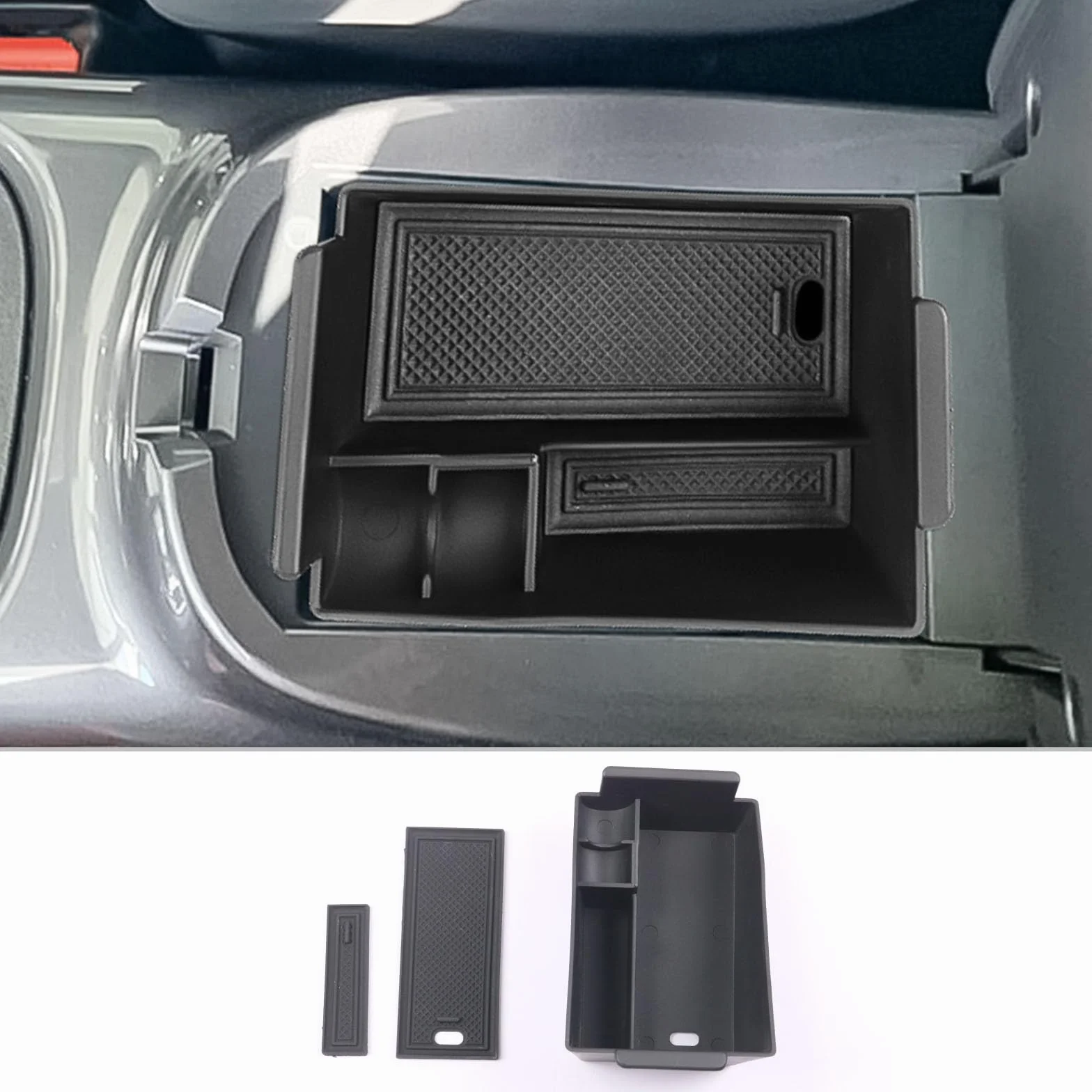 CDEFG Compatible con Nissan Juke F16 2019-2025 2026 Caja de almacenamiento Consola Central Apoyabrazos Interior Center Armrest Storage Box, Con Tapete Antideslizante Juke Hybrid 2025 Accesorios
