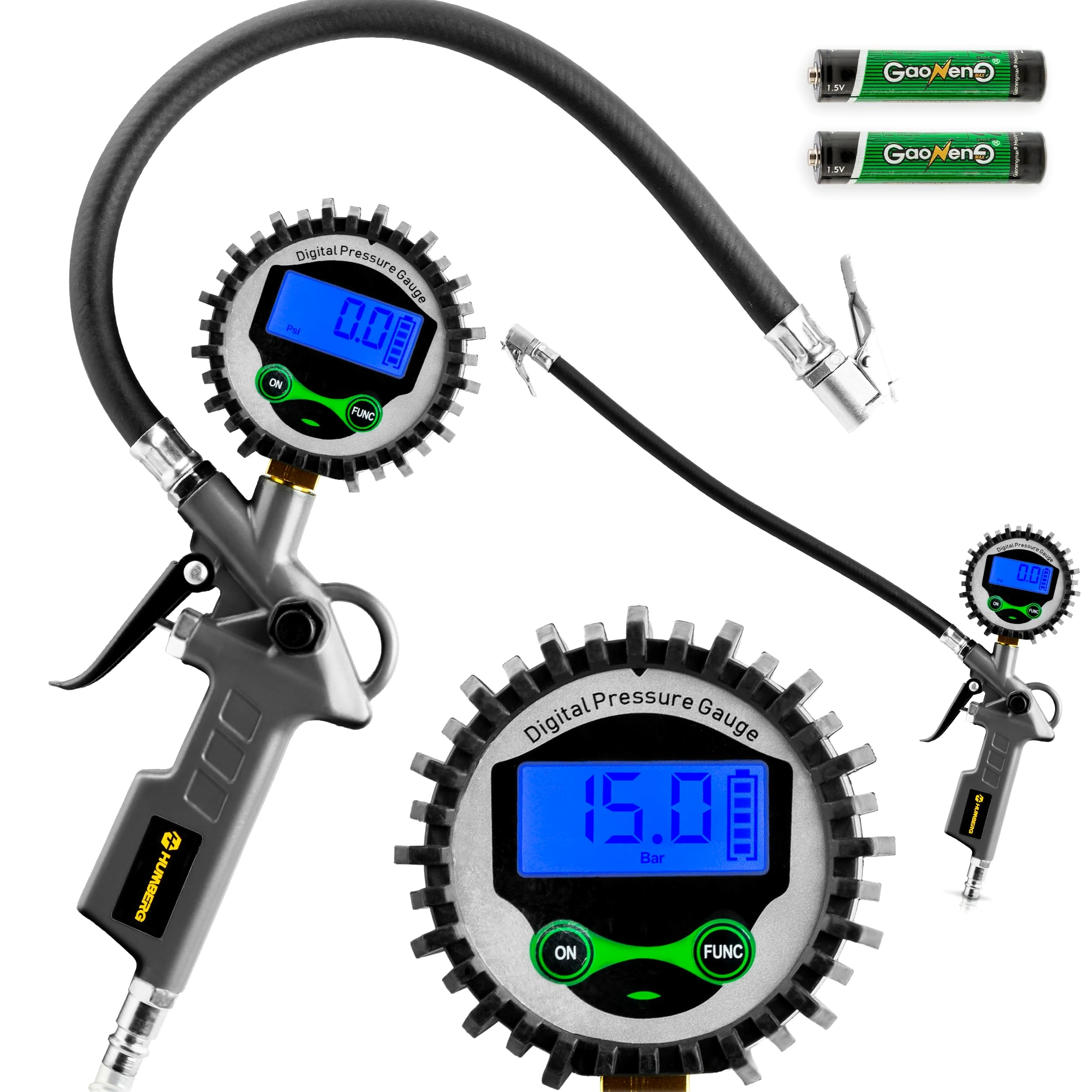 Humberg Inflador digital de neumáticos con manómetro – manómetro de presión de neumáticos de 15 bares con pantalla LCD – Medidor de presión de aire para coche, moto y bicicleta – Manguera de 34 cm