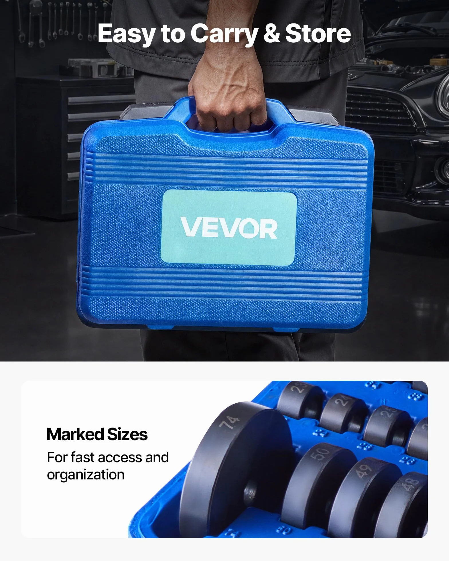 VEVOR Juego de Prensa de Cojinetes 52 + 14 Piezas, Herramienta 2 en 1 para la Instalación de Bujes, con 49 Bujes, Separadores y Mordazas, Robusto Juego de Extracción e Instalación con Estuche