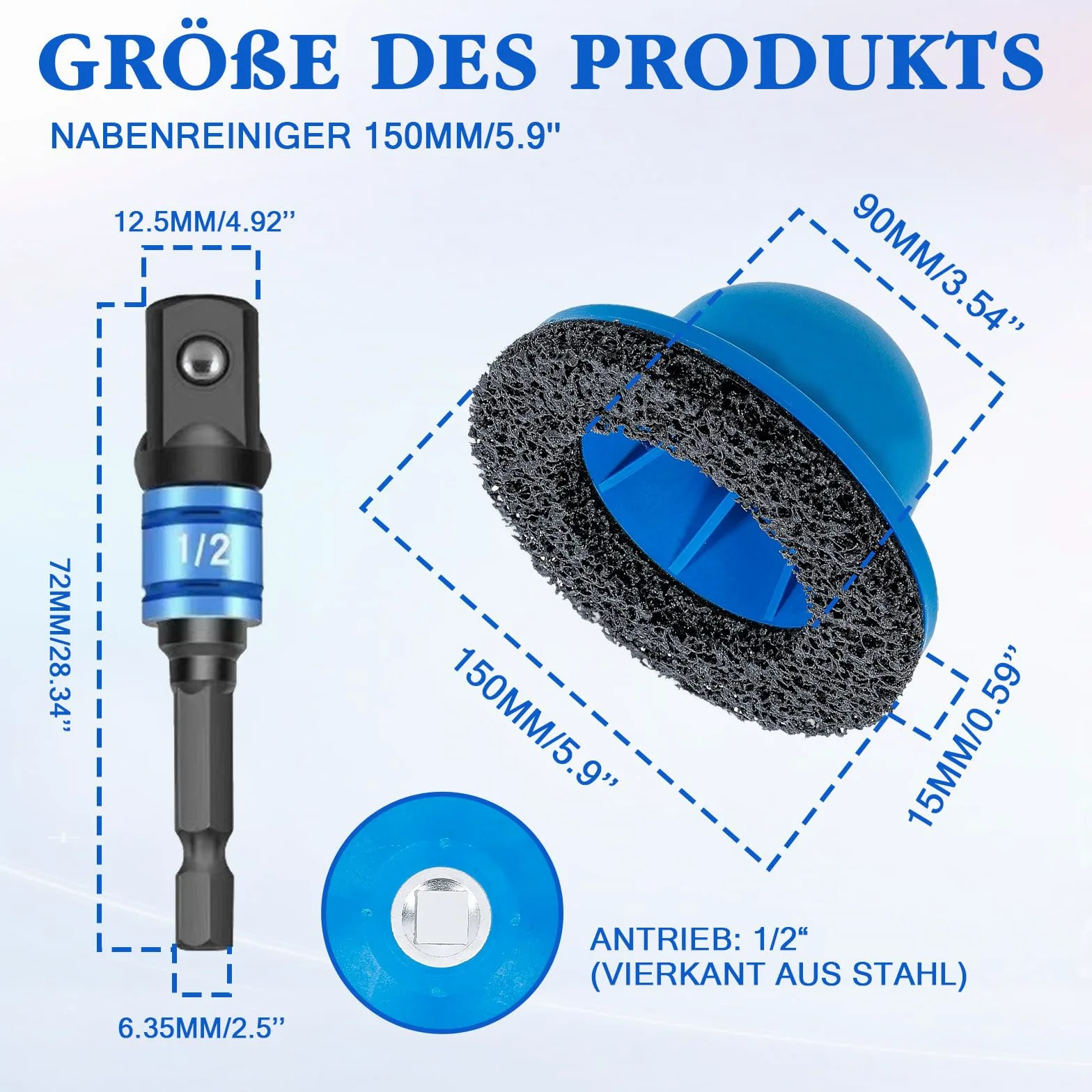 Juego de lijadora de rueda con adaptador de destornillador de 1/2" y 2 discos abrasivos de carburo de silicio, limpiador de bujes de rueda para eliminar el óxido, lijadora de bujes de 150 mm