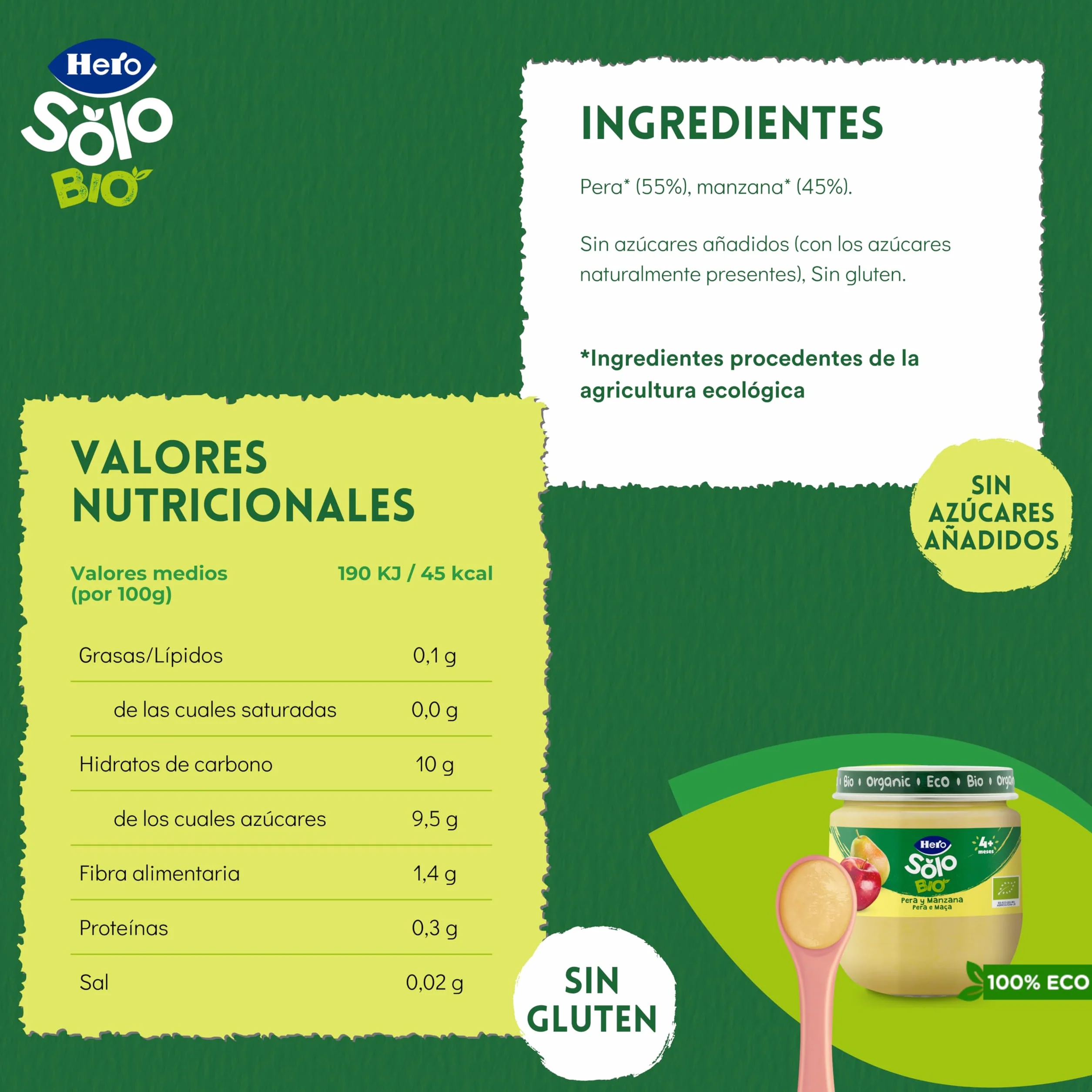 Hero Solo Bio Tarritos de Pera y Manzana 100% Ecológico - Pack 12 x 120 g