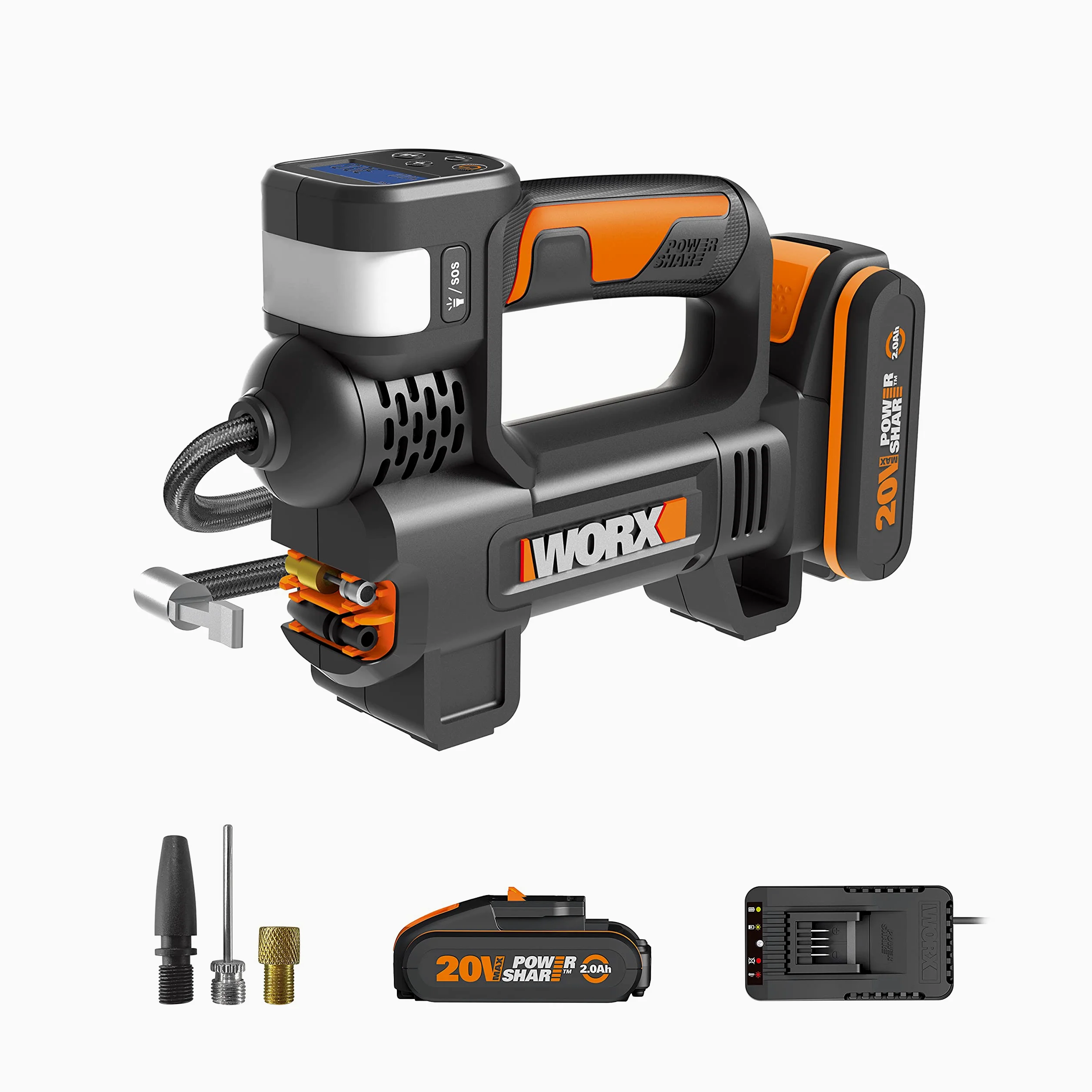 WORX 18V(20V MAX) Inflador sin Cable, Powershare, Potente Luz Led y Luz de Emergencia SOS, Alta Presión Máx. 150 PSI, 1 Batería incluida, WX092