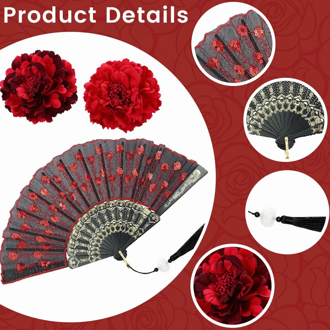 Horquillas flamenco flores artificiales peonias rojas abanico grandes pelo grueso fino playa mujeres niñas
