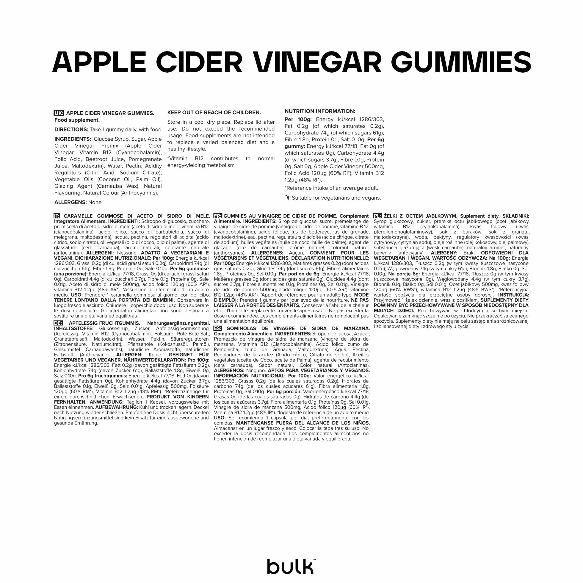 Gominolas de vinagre de sidra de manzana con la madre, Vitamina B12 y Ácido fólico, 60 Gummies