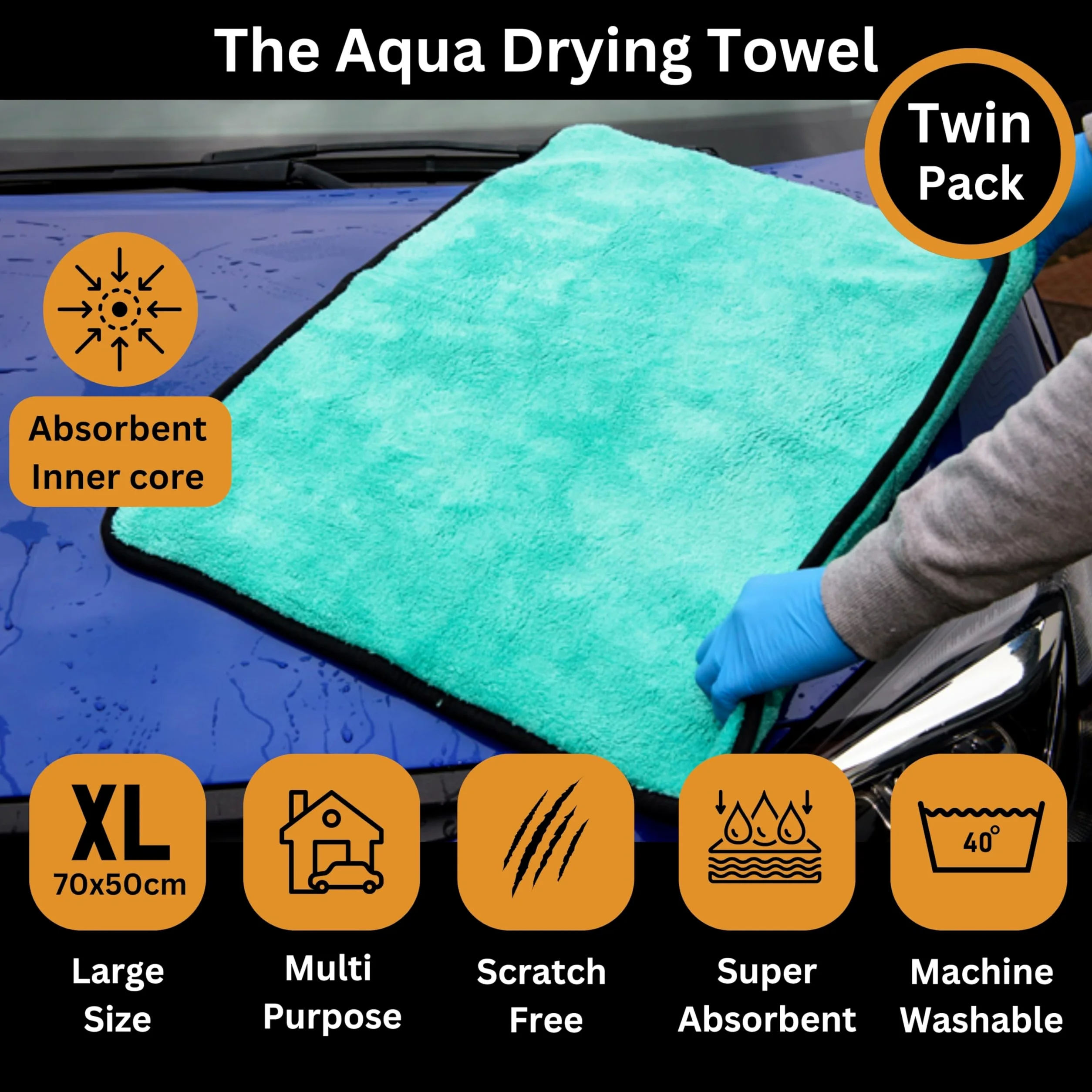 Tek Automotive Aqua - Juego de 2 toallas de secado de coche de lujo de 1200 g/m², paños de microfibra extra grandes (50 x 70 cm), superabsorbentes, ultrasuaves, para limpieza, detalles, pulido y