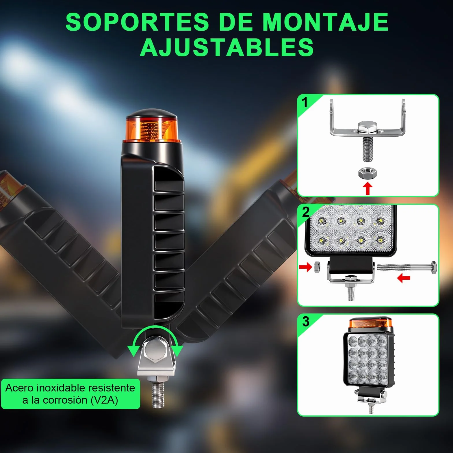 2x Faros de Trabajo LED con Luz de Advertencia (10 Modos), 18W 12V 24V Foco Adicional para Tractor, Camión y Excavadora, IP68 Impermeable y Resistente al Barro, 2 en 1 Luz de Marcha Atrás