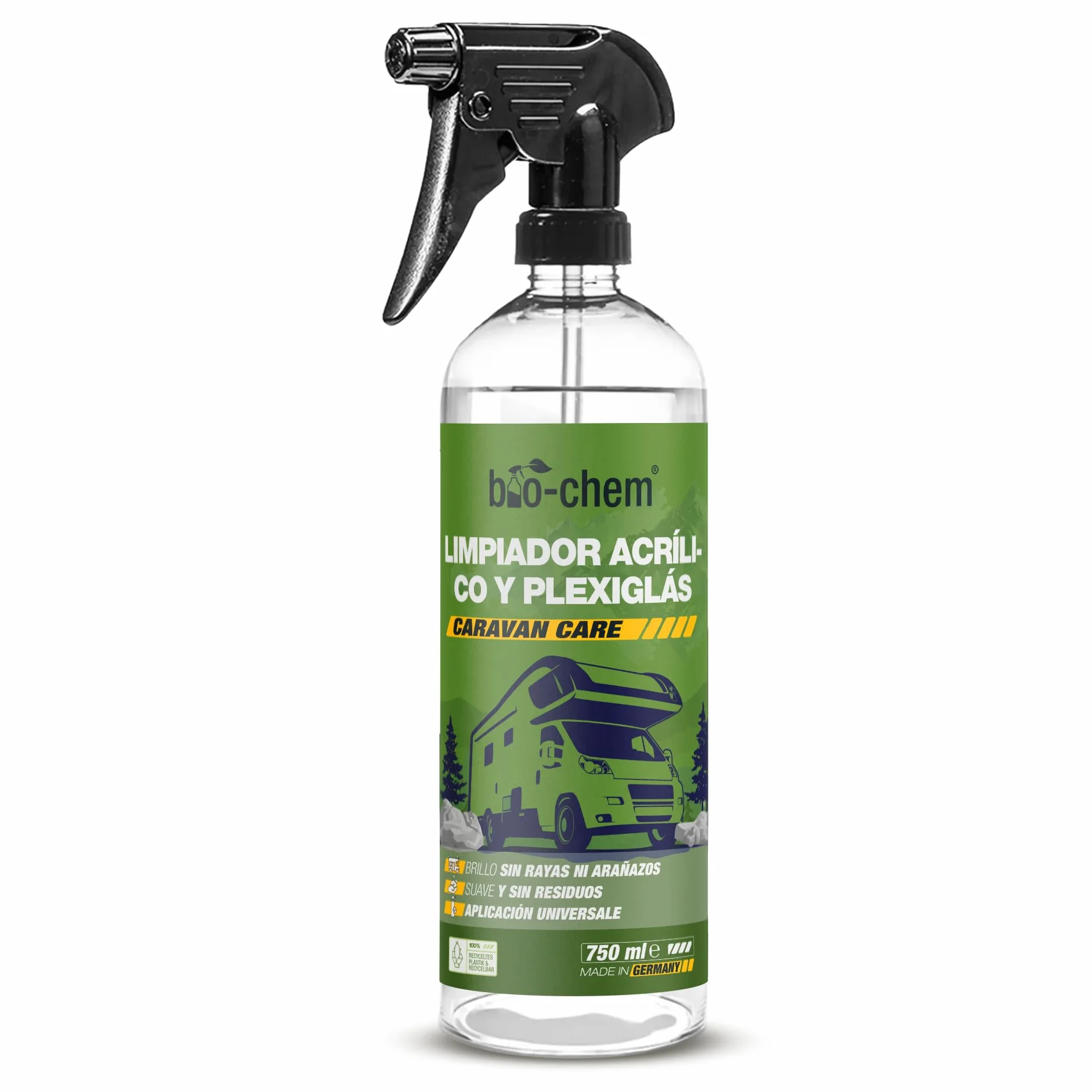 Bio-Chem - Limpiacristales acrílico y plexiglás 750 ml - Limpiacristales para caravanas, autocaravanas y automóviles - Spray líquido limpiacristales para automóviles