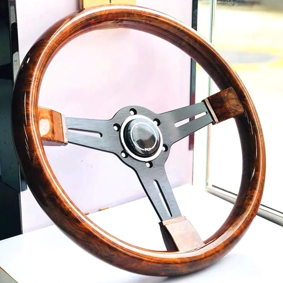 Surakey Volante retro de 14 pulgadas, volante clásico de 350 mm, volante vintage de madera con adaptador de cubo de volante de 6 agujeros, universal retroequipamiento vintage con kit de botón de