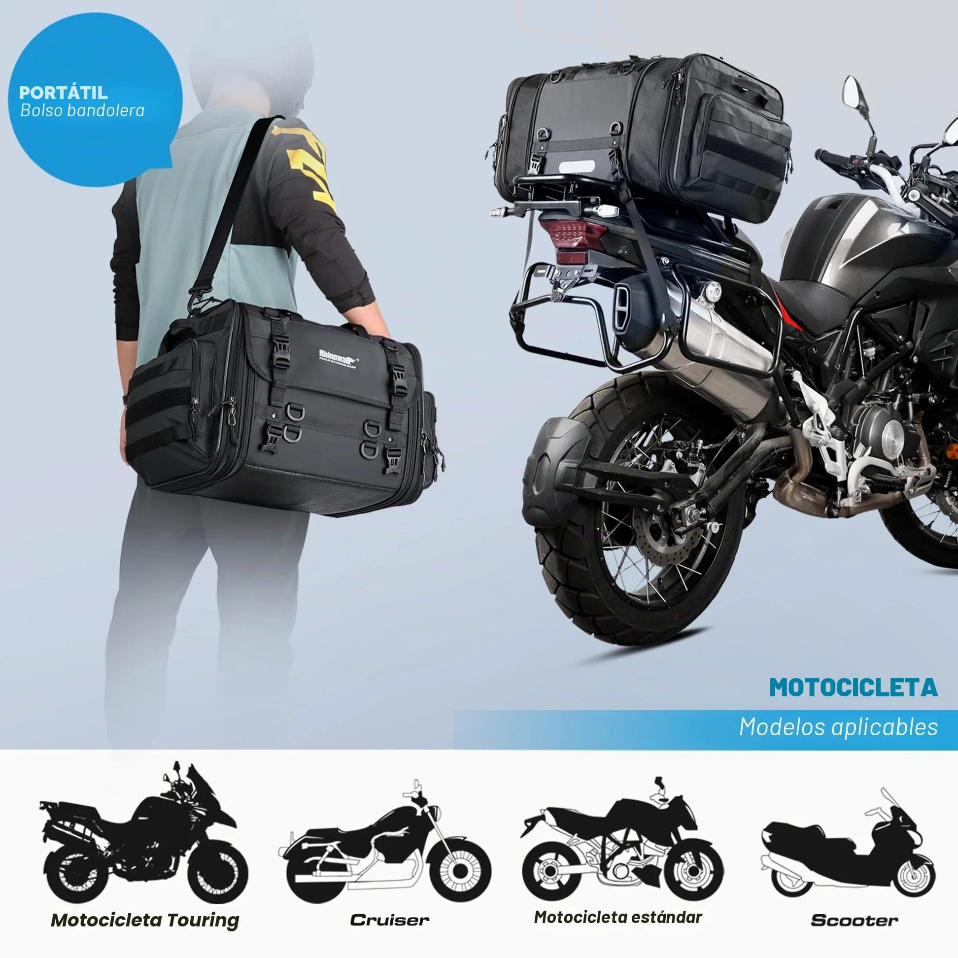 Rhinowalk - Alforja para Moto de 40-60 l, Impermeable, para Asiento Trasero