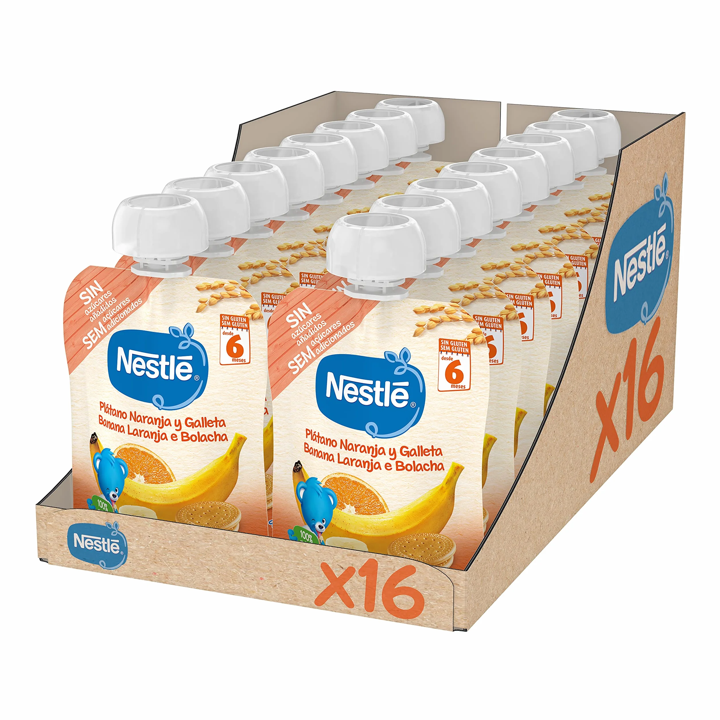 Nestlé Papillas Bolsita Puré Plátano Naranja Galleta 90g Pack de 16