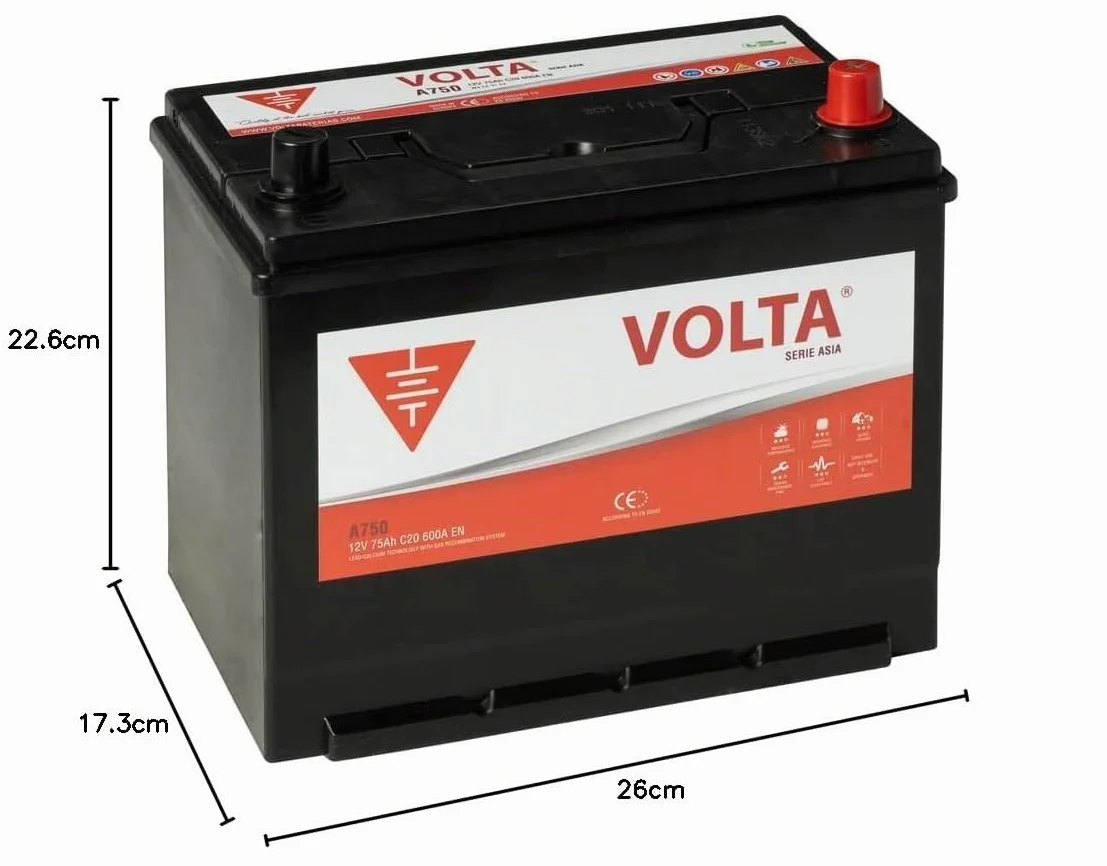 Bateria de Coche Marca Asiática 75Ah 600A Volta A750D - Borne +Dcha - Medidas Largo 260 x Ancho 173 x Alto 226 mm con 2 años de Garantía - Fabricación Europea.