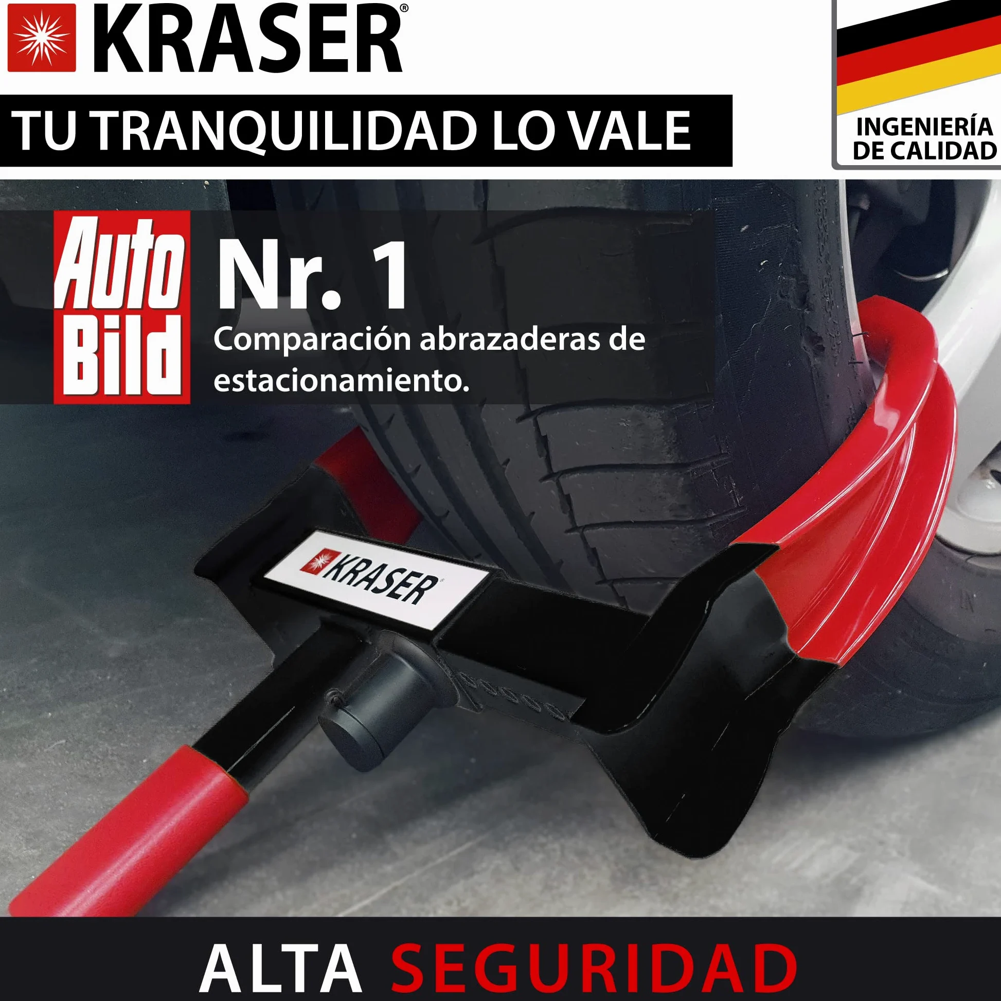 KRASER KR820 Cepo Coche Antirrobo, N1 Alemania, Testado Anti Taladro, Protección Que tranquiliza, Inmovilizador Cepo Rueda, Antirrobo Coche, Universal Caravana, Remolque, SUV, Furgoneta, Moto