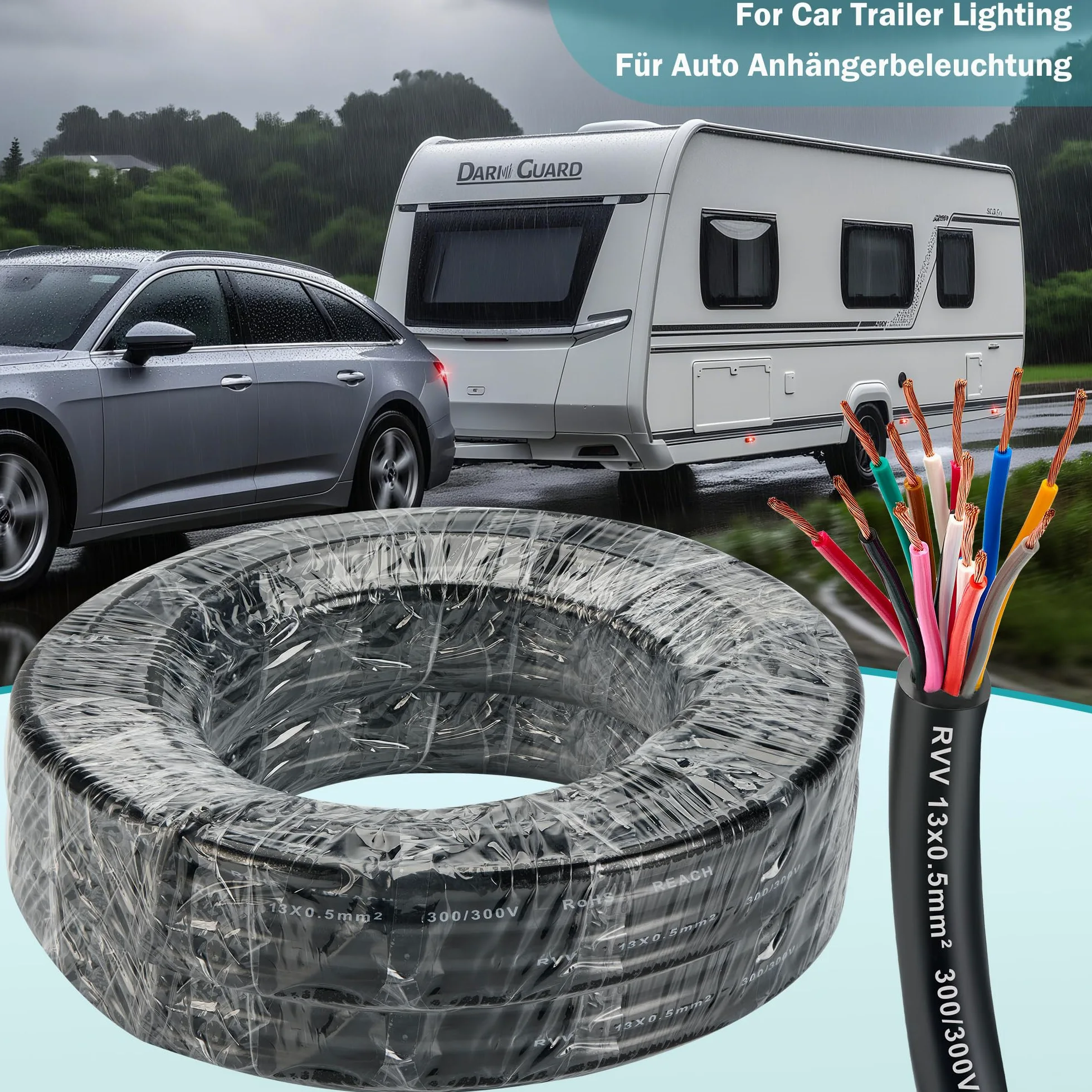 Cable de Remolque 13 Núcleos 0.5mm², 15M 12V/24V para Caravana Coche Barco Remolque