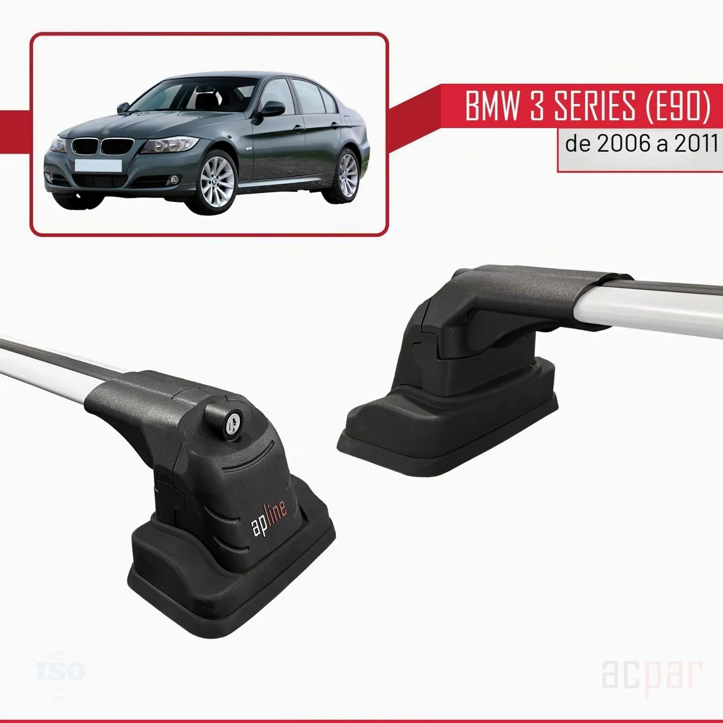 Compatible con BMW Serie 3 (E90) 2005-2012 Modelo Ace-3 Barra de Techo Auto Portaequipajes Barras Transversales Gris Aluminio 2 Barras