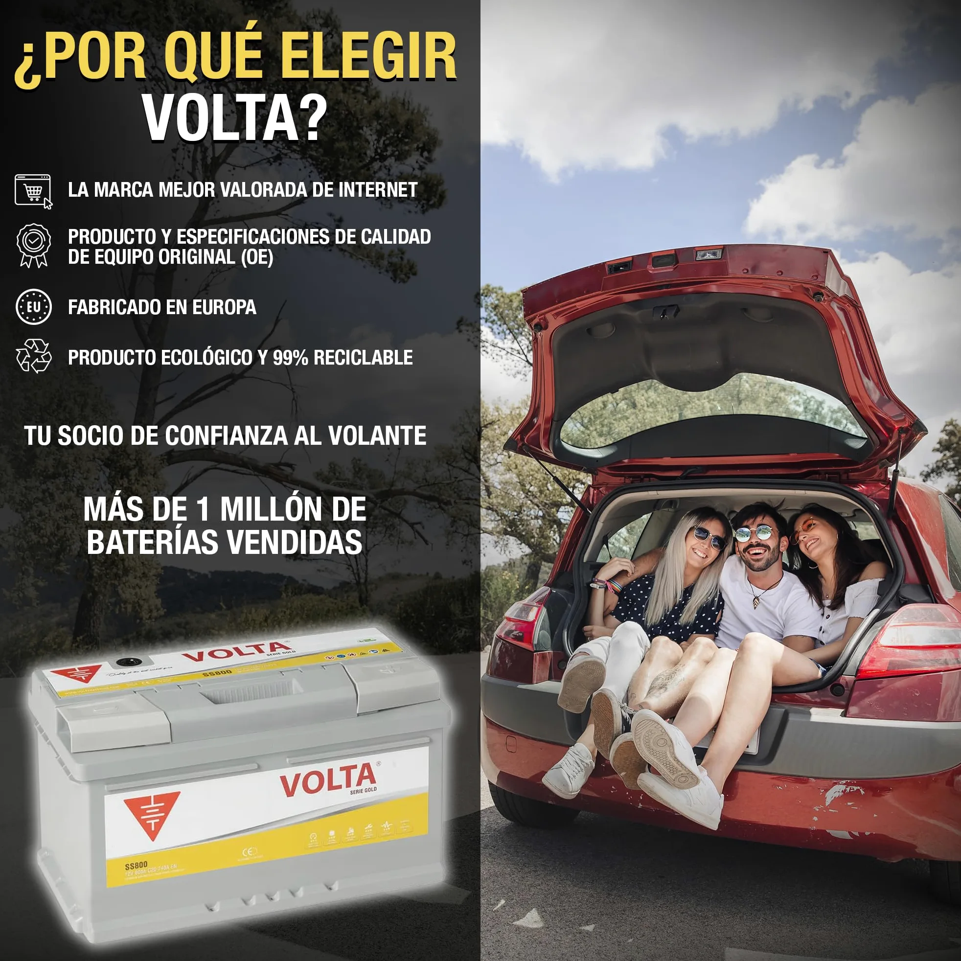 Bateria de Coche Gold 80Ah 740A Volta SS800D - Start Stop - Borne +Dcha - Medidas Largo 315 x Ancho 175 x Alto 175 mm con 2 años de Garantía - Fabricación Europea.