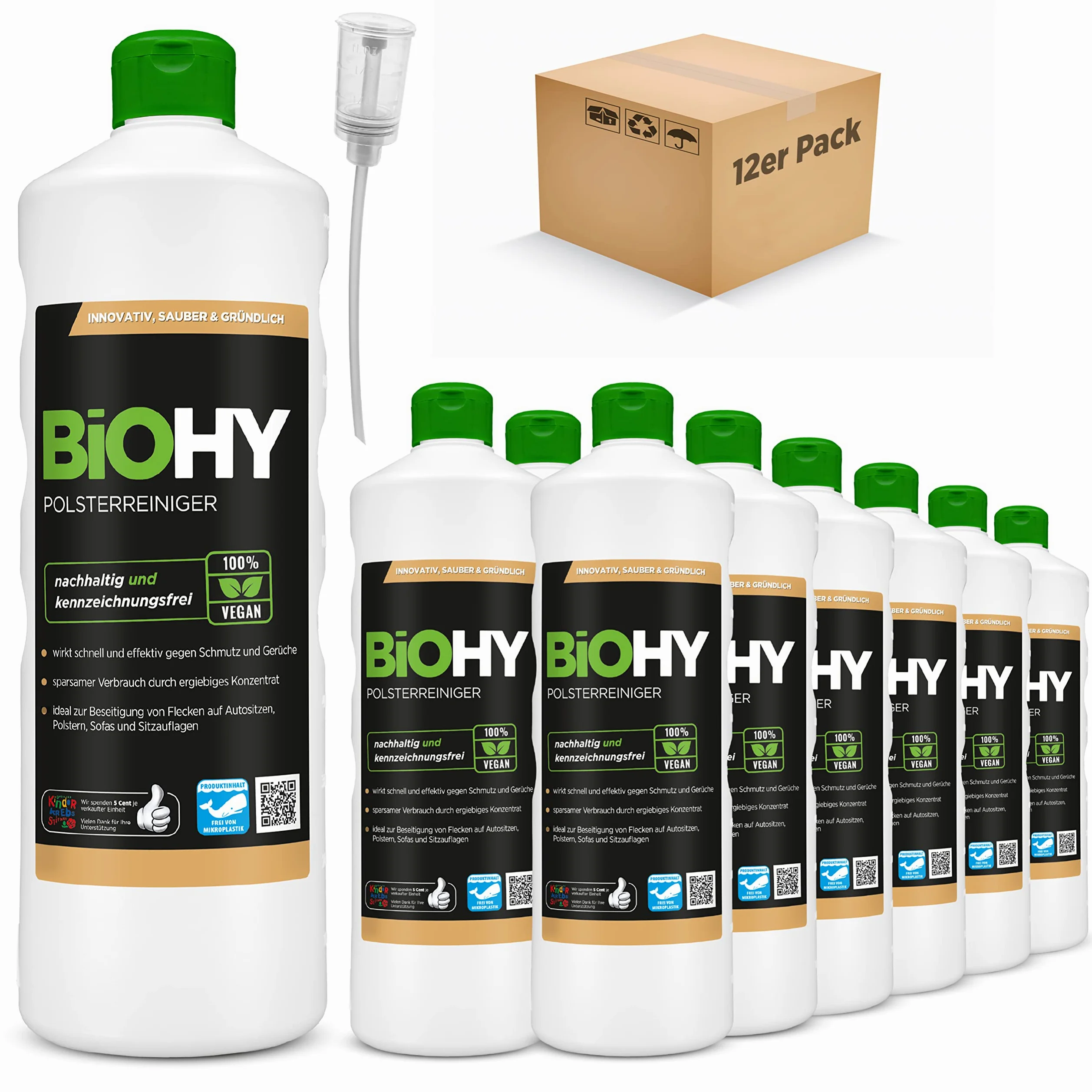 BiOHY Limpiador tapicerías (12 botellas de 1 litro) + Dosificador | Ideal para asientos de coche, sofás, colchones, etc. | También es adecuado para las lavadoras (Polsterreiniger)