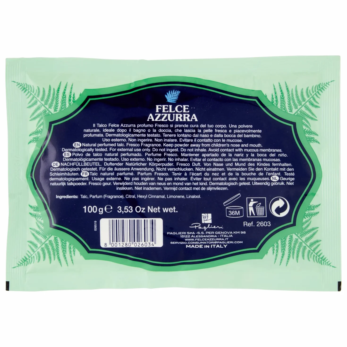 Felce Azzurra Talco en polvo perfumado fresco 100 g absorbente calmante para piel seca