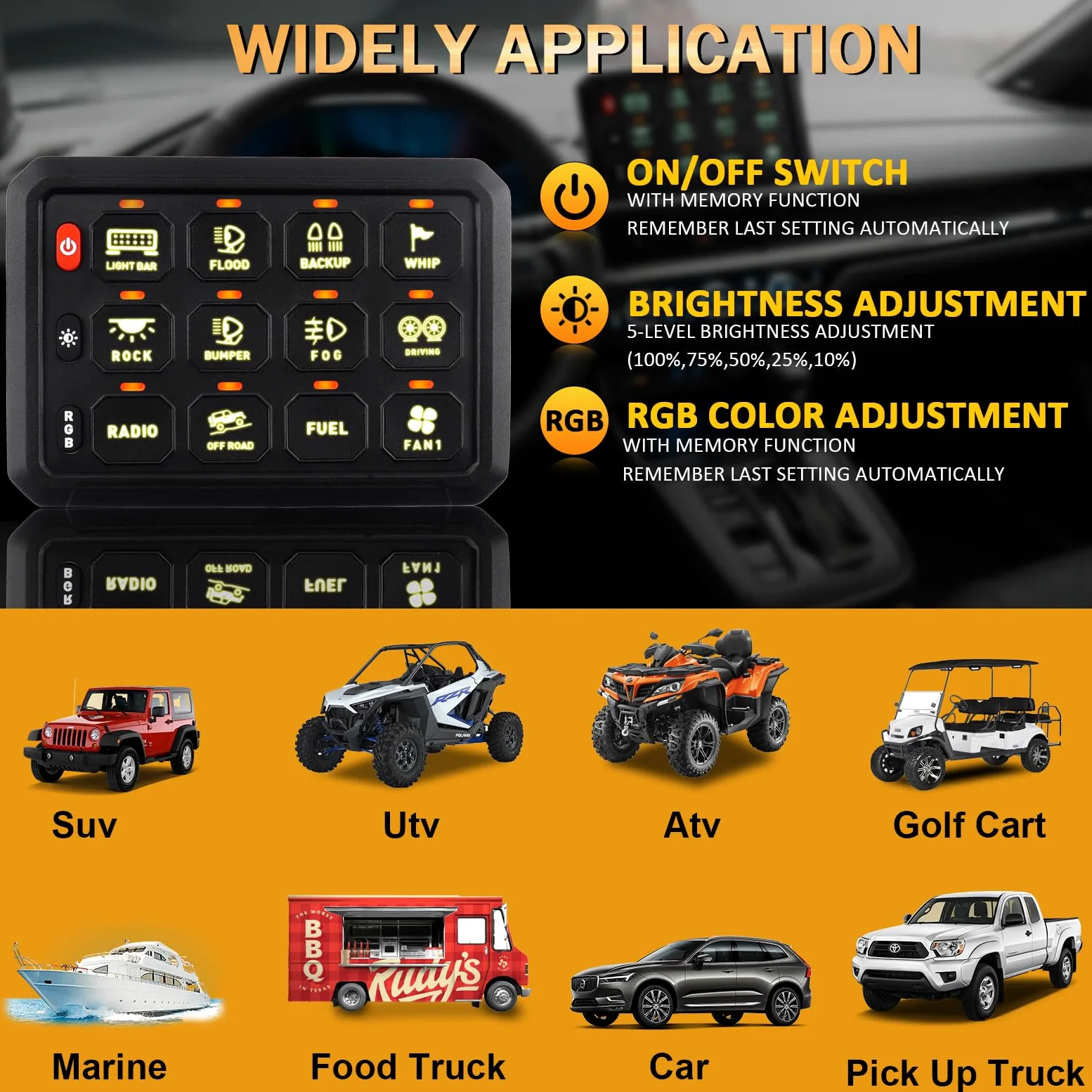 Chelhead Interruptor empotrable RGB de 12 grupos, circuito de control universal, sistema de relé de seguridad, arnés de cables para coche, camión, barco, ATV, UTV, SUV, multifuncional, 12-24 V | 12V 24V circuito de control universal sistema de relé arnés