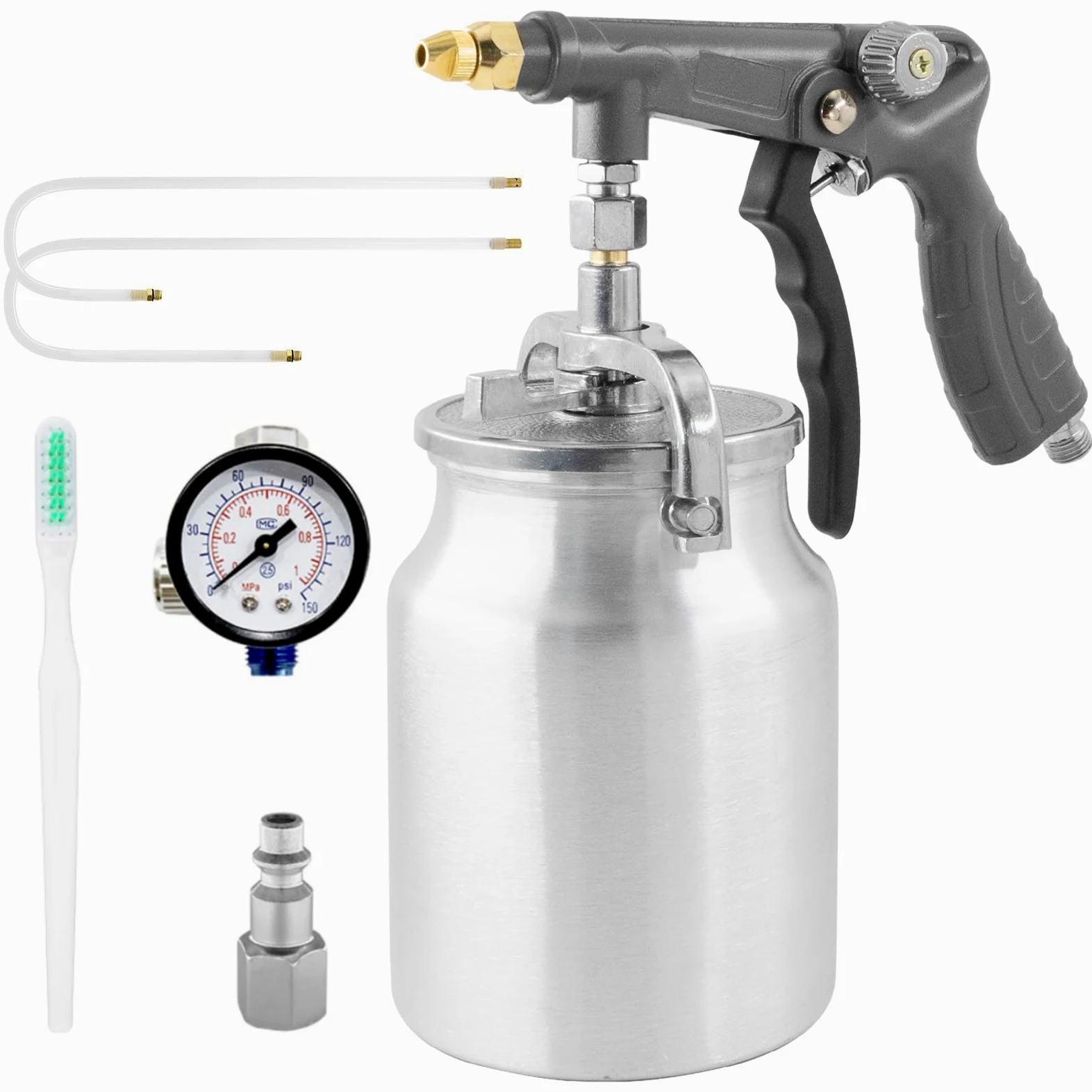 Pistola de pulverización con ventosa de 1000 ml, 2 varitas, mangueras de pulverización rectas y de 360°, pistola de capa inferior para revestimiento de caja de camión, capa inferior de goma, a