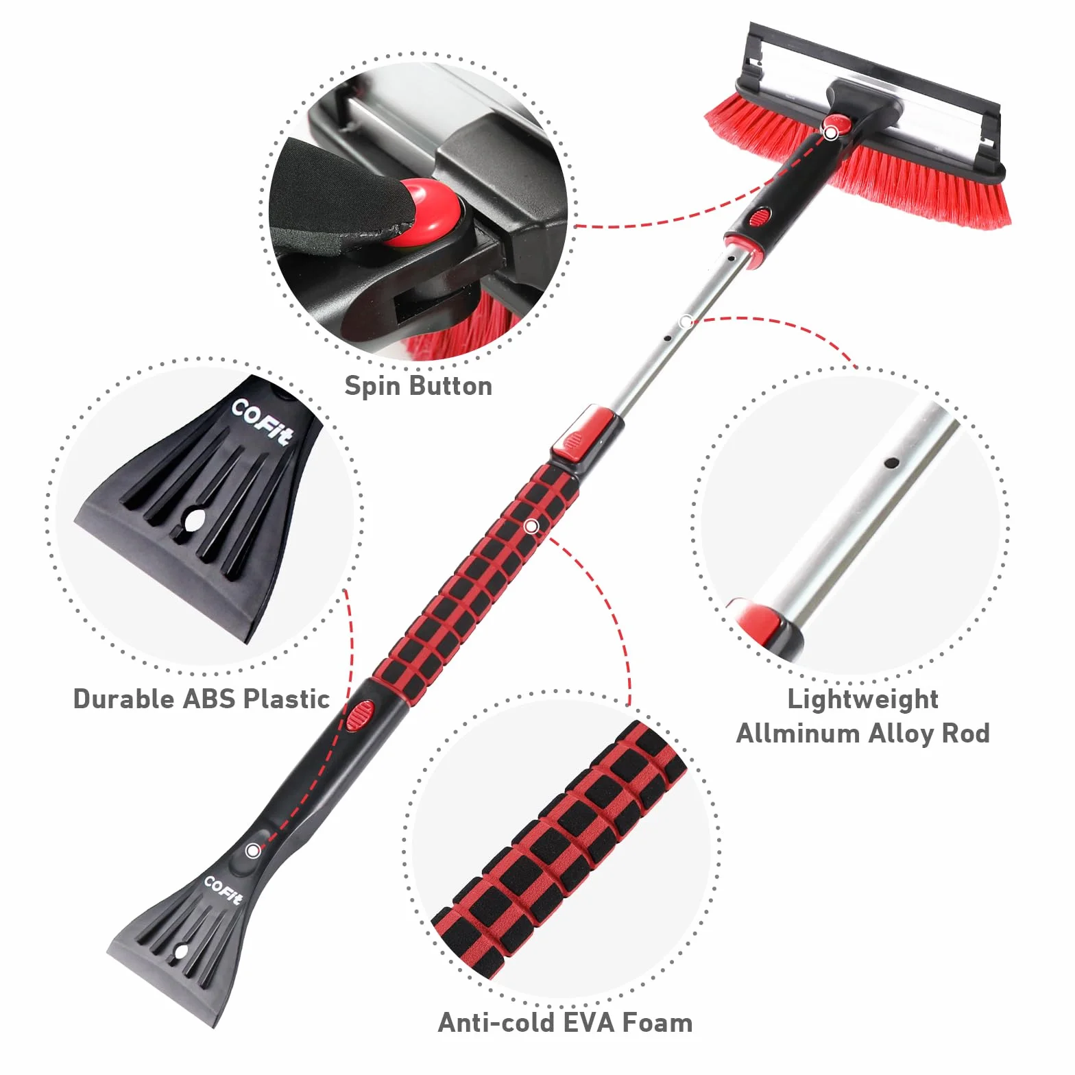 COFIT 3 en 1 Cepillo de Nieve y Rascadores Hielo con Telescopico Mango, 100cm Rasqueta Vitroceramica Parabrisas, Herramienta Quitar Sin Arañazos para Autocaravanas Camion SUV Exterior Limpieza, Rojo