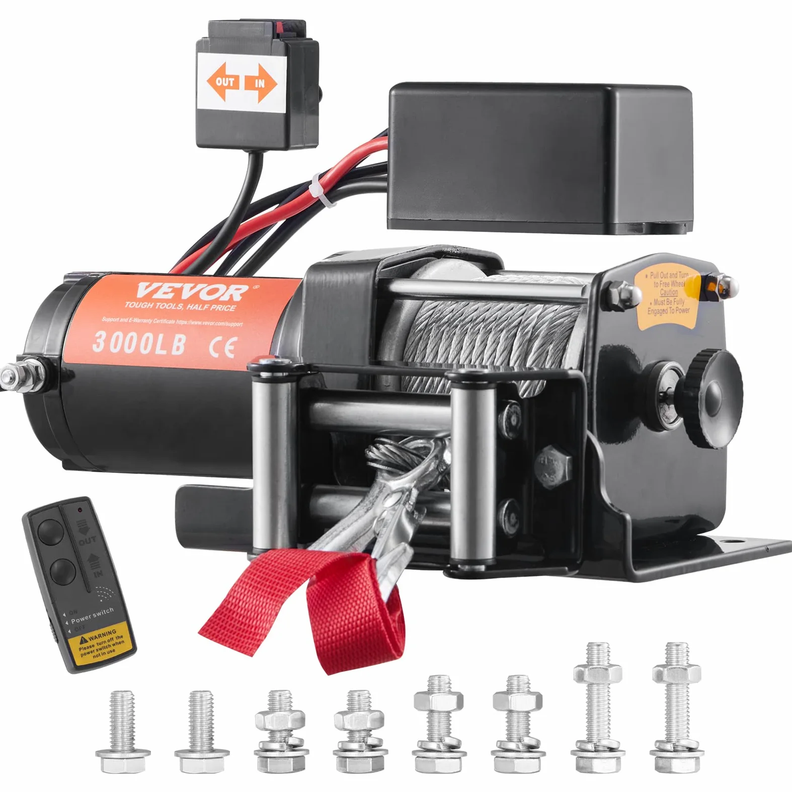 VEVOR Cabrestante eléctrico 12V 3000 libras / 1361kg Cabrestante de Cable de Acero 1,8 m Control Remoto de Mano IP55 con Cable de Control Remoto Negro Ideal para Medianas Grandes SUV Camiones Yates