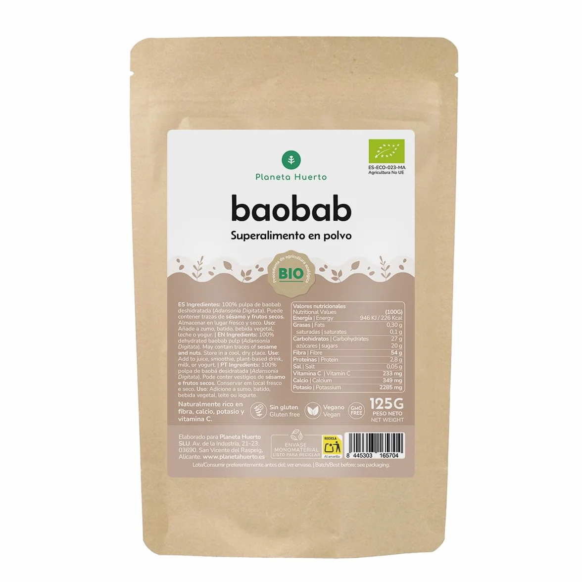 Baobab en Polvo Ecológico 125 g - Superalimento Natural Rico en Vitamina C y Antioxidantes