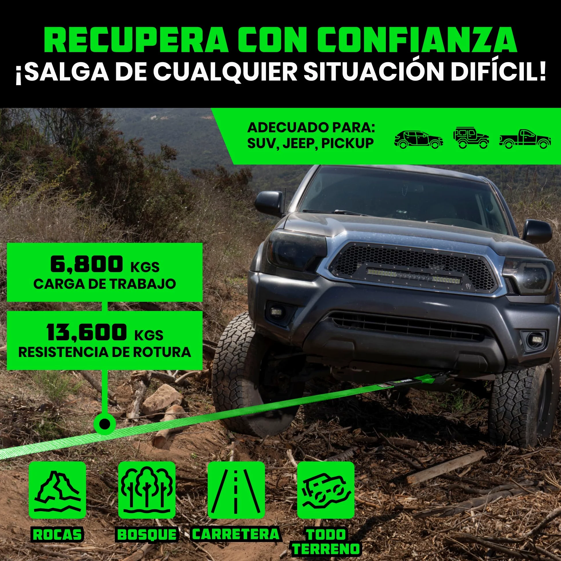 Rhino USA Correa de Remolque 7,6cmx9,1m 13.600kg Cuerda de Recuperación Heavy Duty Verde