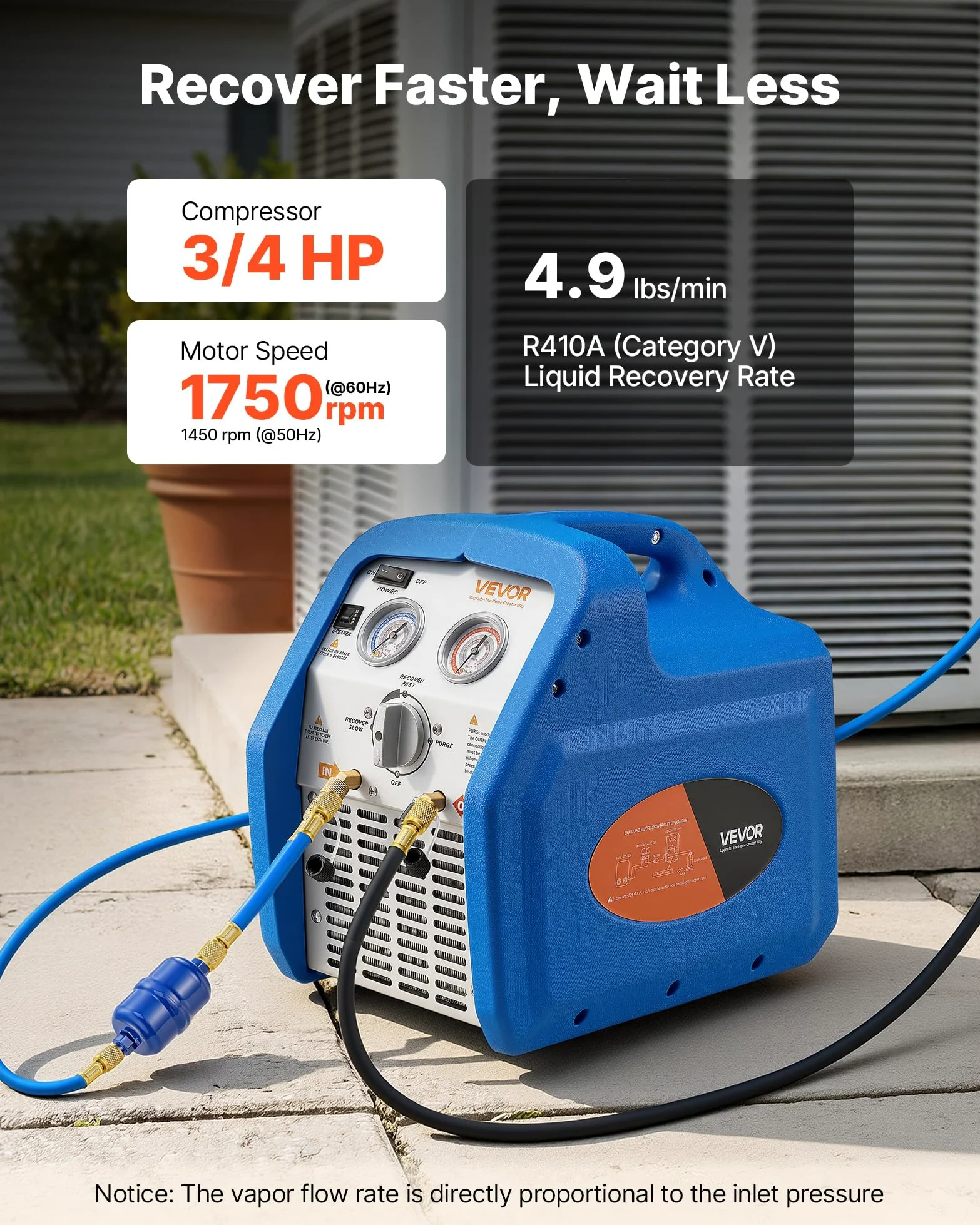 VEVOR Máquina Portátil de Recuperación de Refrigerante 3/4 HP, Máquina de Recuperación con Protección de Alta Presión 2,2 kg/min Velocidad de 1450 RPM, Cilindro Único, para Vapor Líquido Refrigerante