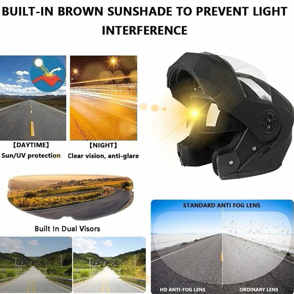Casco De Moto Modular Bluetooth, ECE Homologado, con Doble Visera, Carcasa De Alta Resistencia, Diseño Liviano, Adecuado para Hombres Y Mujeres Adultos, Guantes Y Máscara Gratis
