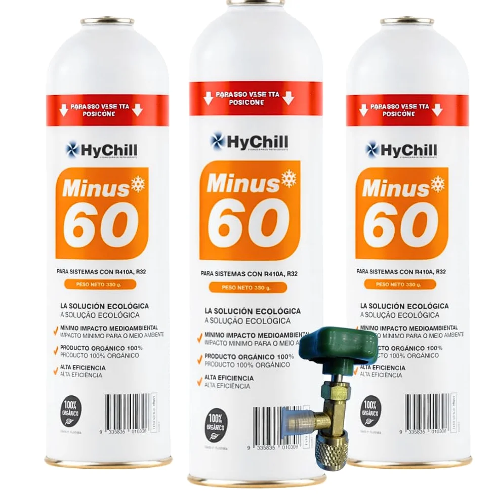 HyChill Minus 60 Refrigerante Técnico Orgánico - Envase Desechable 995 ml - 350gr Carga Neta - Uso Profesional - para Aplicaciones de climatización y refrigeración (3 ENVASES + Llave)