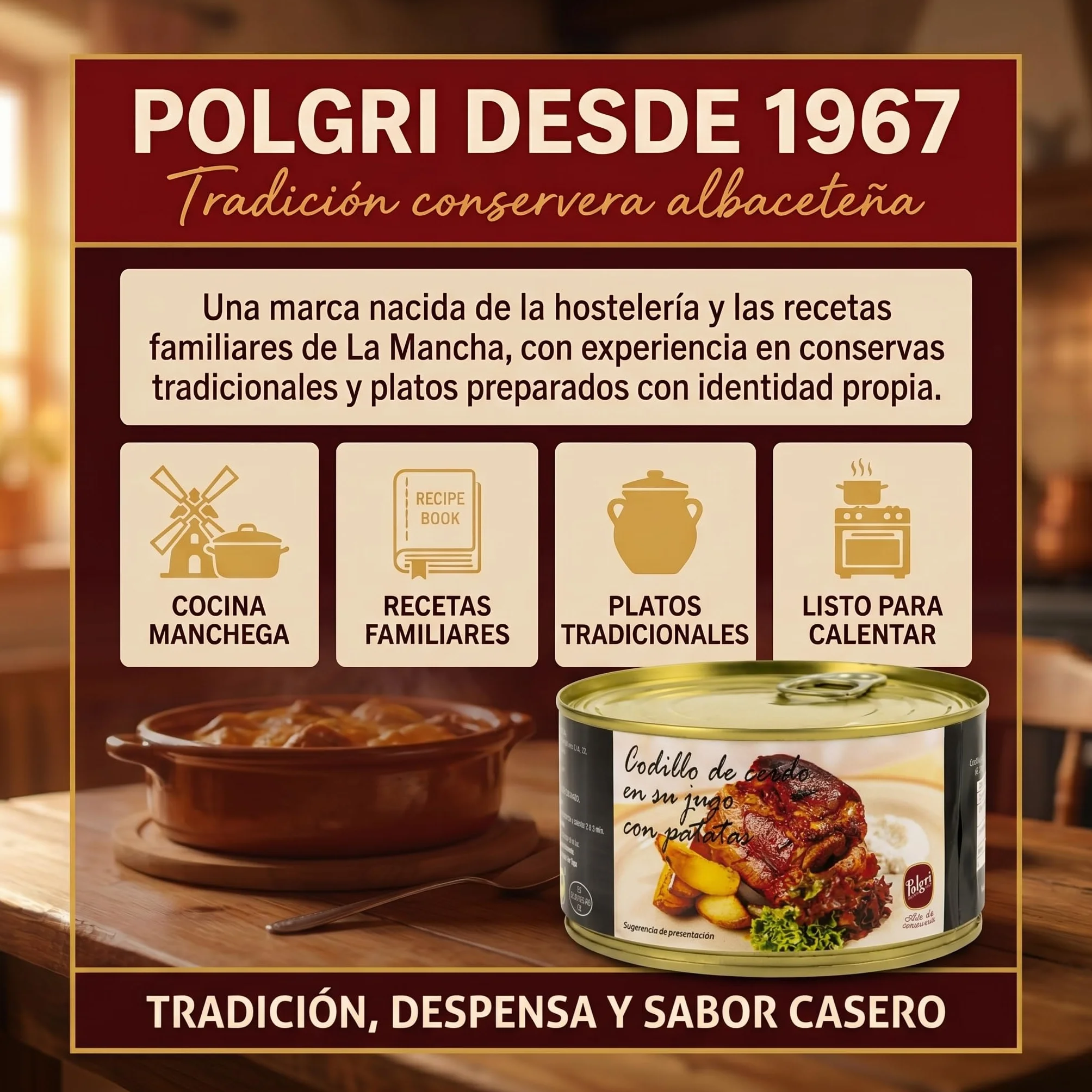 POLGRI Codillo de Cerdo en su Jugo Deshuesado con Patatas Lata 425 g Conserva Carne Cocinada Receta Manchega