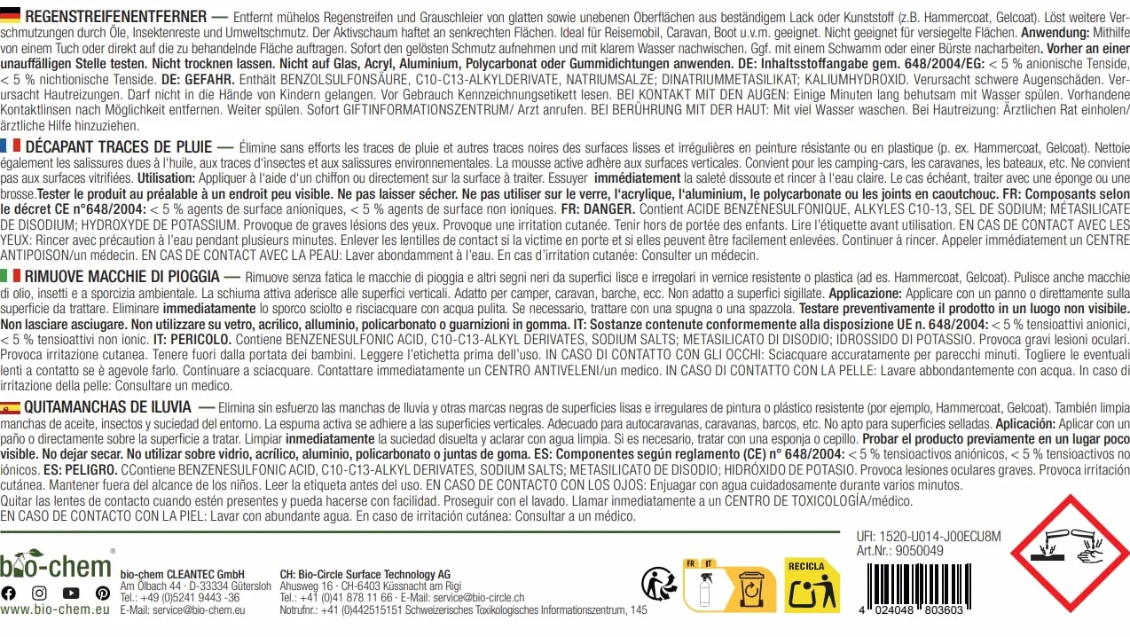 Bio-Chem - Quitamanchas de Lluvia 500ml + manopla microfibras para Parabrisas y Lunas de autocaravanas, caravanas y Coches - Producto Ideal para Lunas Durante Sus Vacaciones en Autocaravana