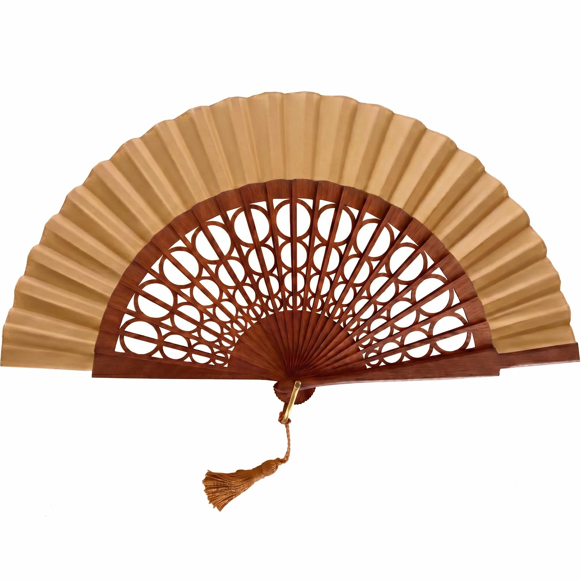 Abanico Español Artesanal 100% Algodón y Madera de Sipo Grande para Mujer Camel Esfera