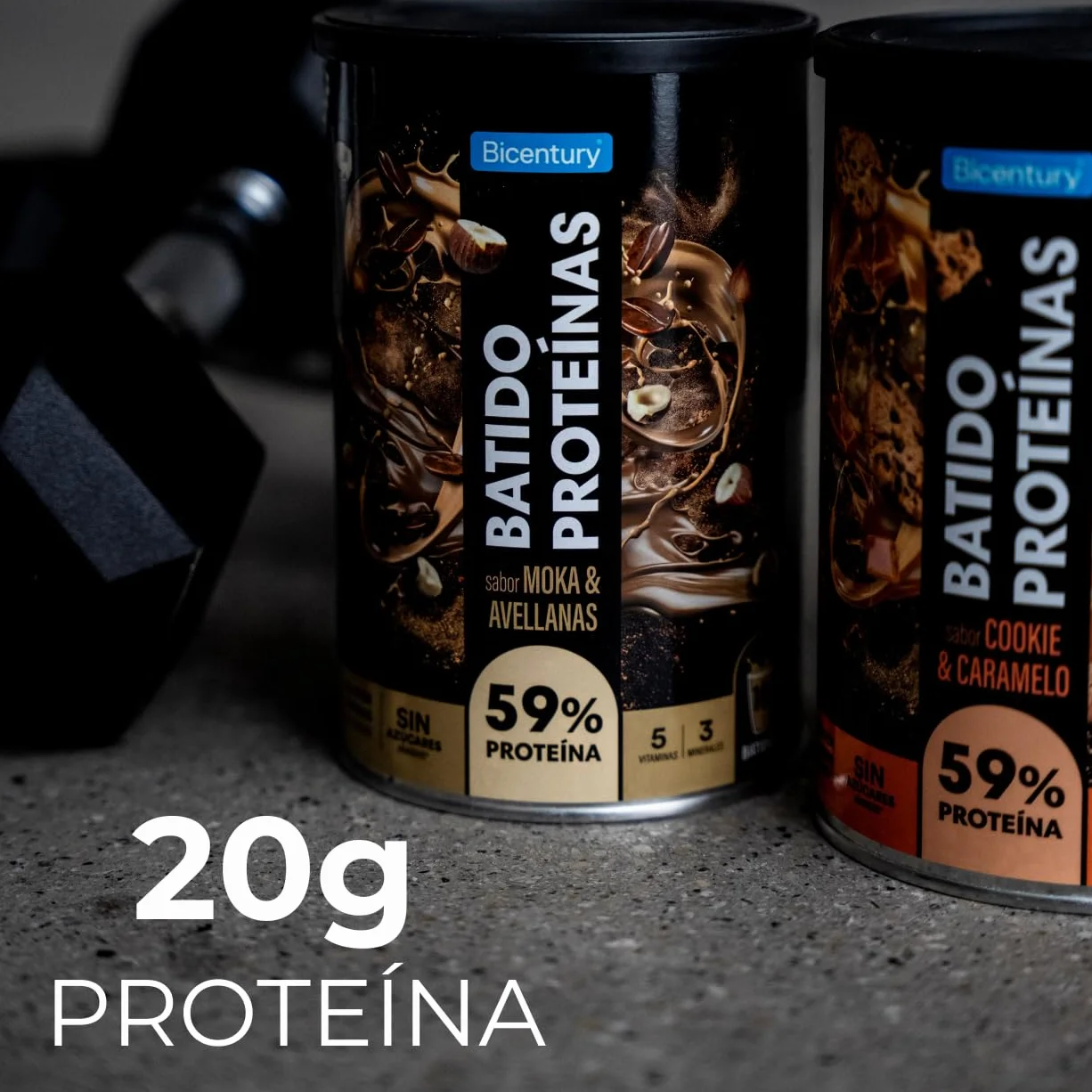 Bicentury Proteína en polvo Moka & Avellana, 20g proteína por porción, Sin Azúcares Añadidos, 340g