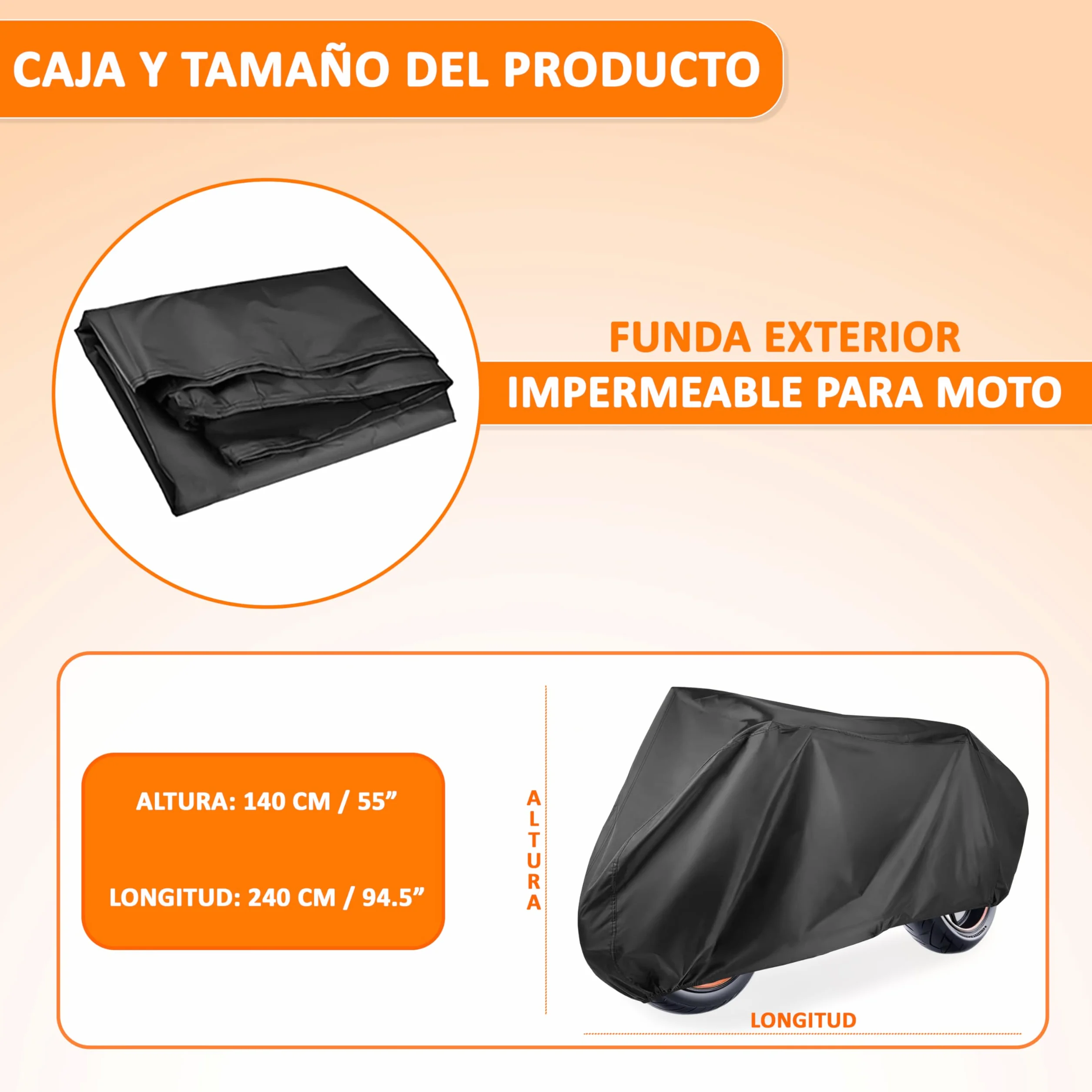 Funda Moto Impermeable Grande 240 x 140 cms Material PEVA Protege Lluvia Polvo Sol Funda para Moto Exterior Impermeable Negra