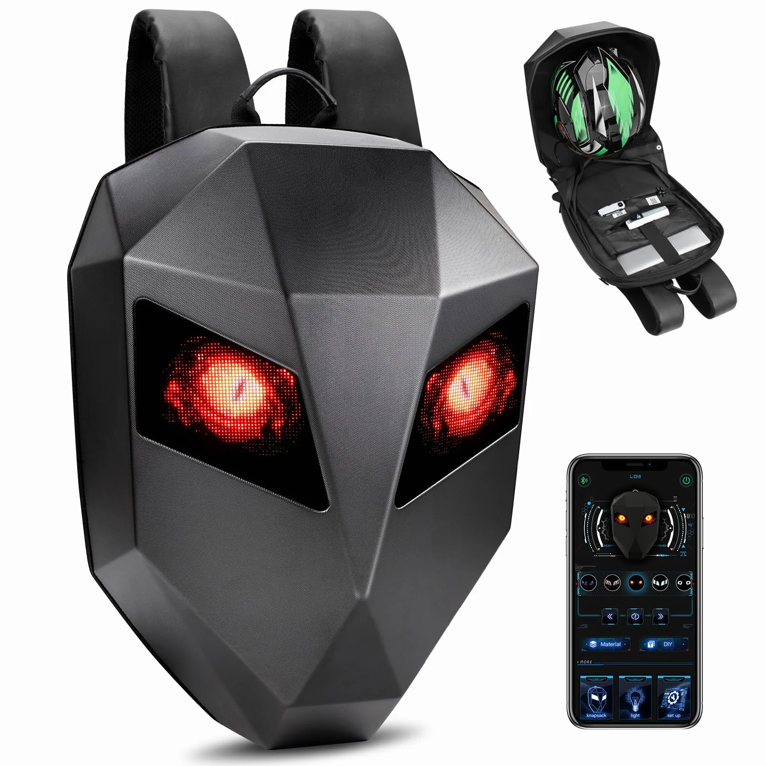 Mochilas dinámicas APP DIY Mochila para ordenador portátil, mochila de motocicleta con indicador de ojos LED, 3D Hard Shell Casco, bolsa de viaje programable dinámica pixel Daypack