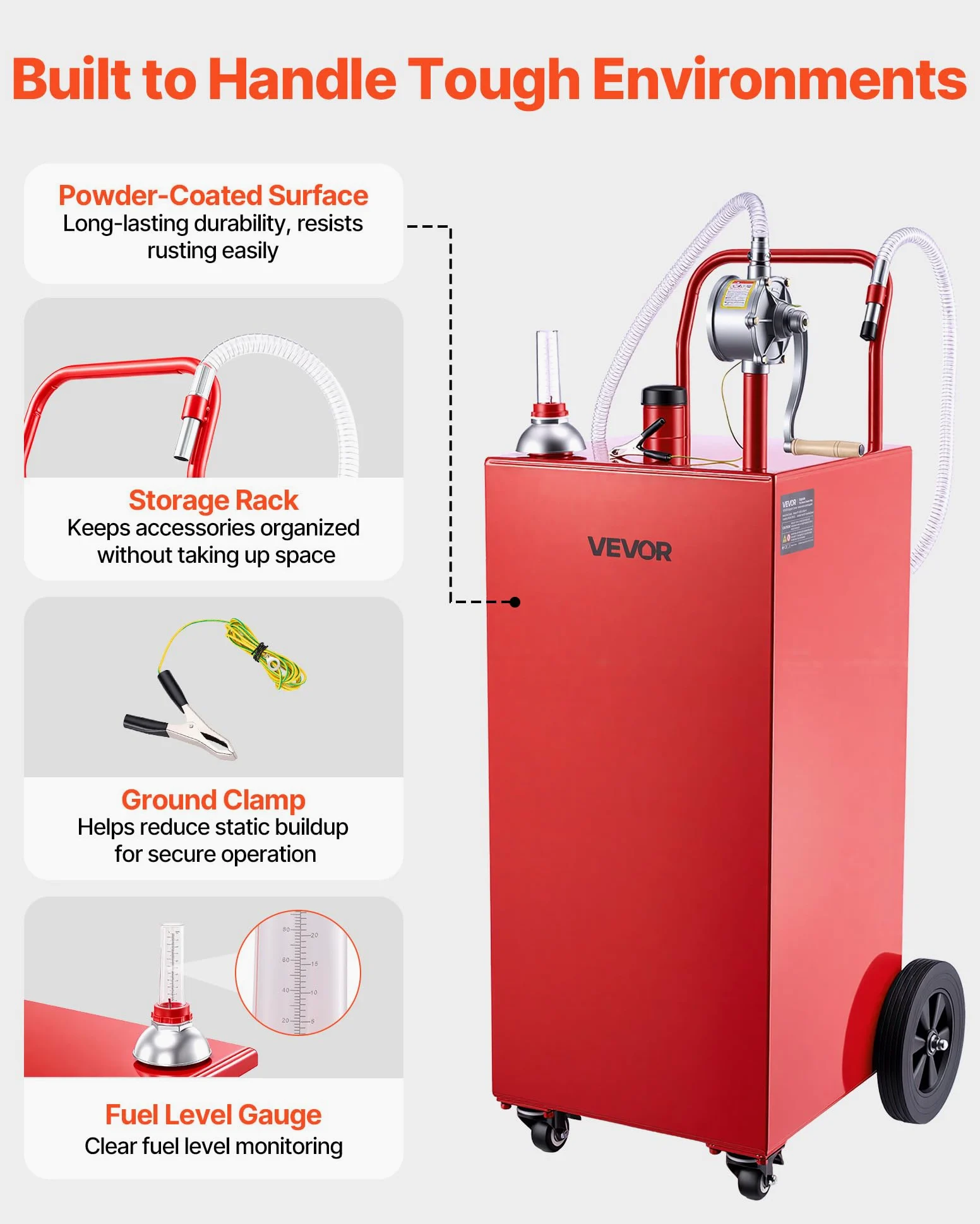 VEVOR Carro de Combustible de 189,3 L con Depósito de Gasolina y Diésel, Tanque de Combustible con 4 Ruedas, Bomba Manual de Trasvase Bidireccional, Acero al Carbono, para Garaje, Granja y Exterior