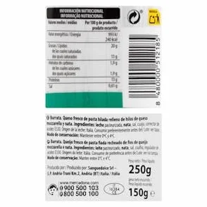 Burrata fresca Hacendado Tarrina 250 g Pack 2