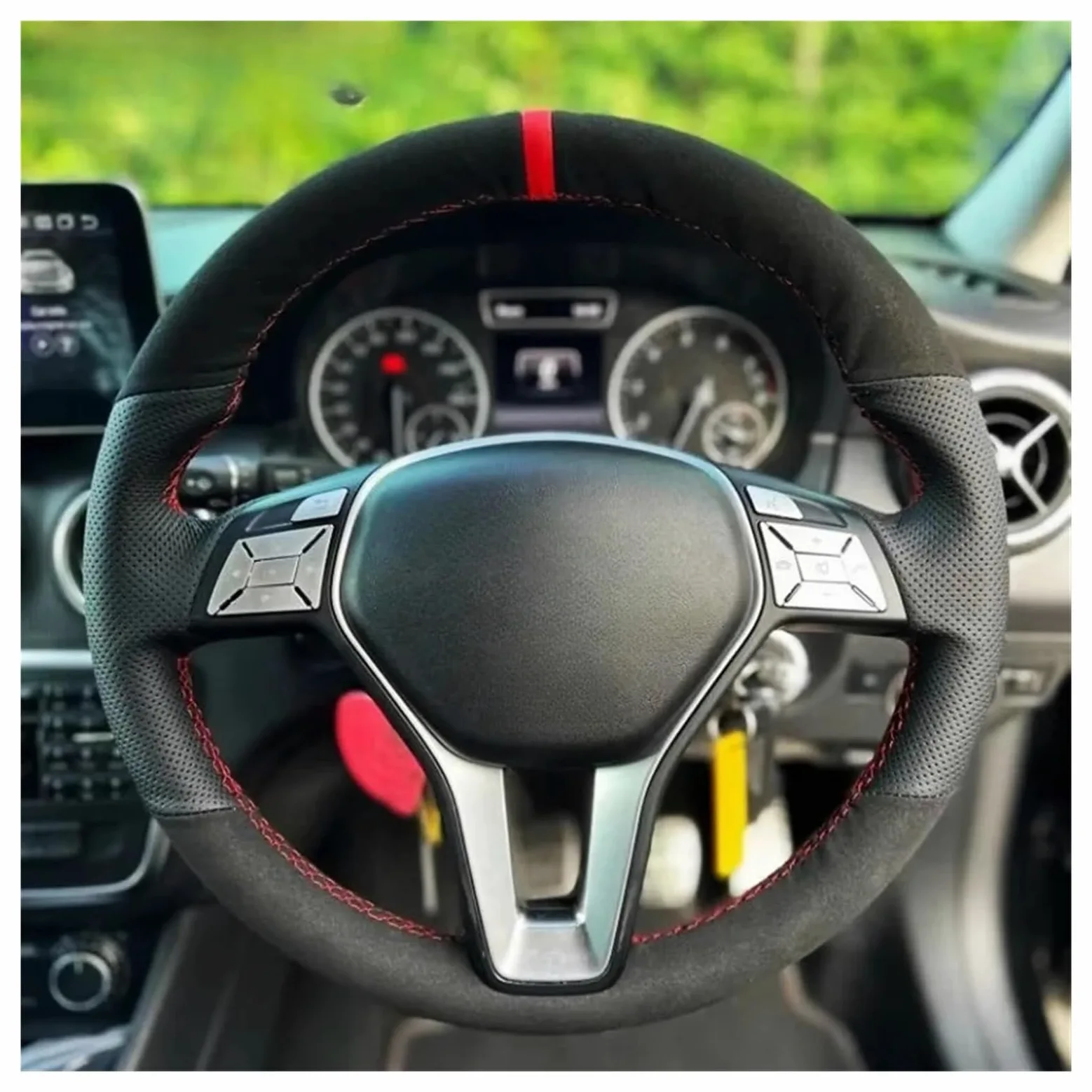 Protector Cubierta Volante Funda de Volante de Cuero de Gamuza Cosida A Mano para Benz para W176 W246 para Clase A para Clase C W204 C117 C218 X218 W212 C207 A207(Yellow Thread)