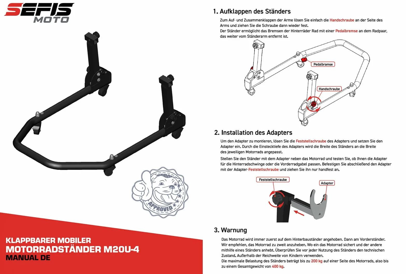 SEFIS M20U - Juego de soporte para motocicleta + bujes prisma M8 para rueda trasera, elevador de moto, soporte de servicio trasero plegable (para BMW S1000RR / R/XR M1000RR / R/XR)