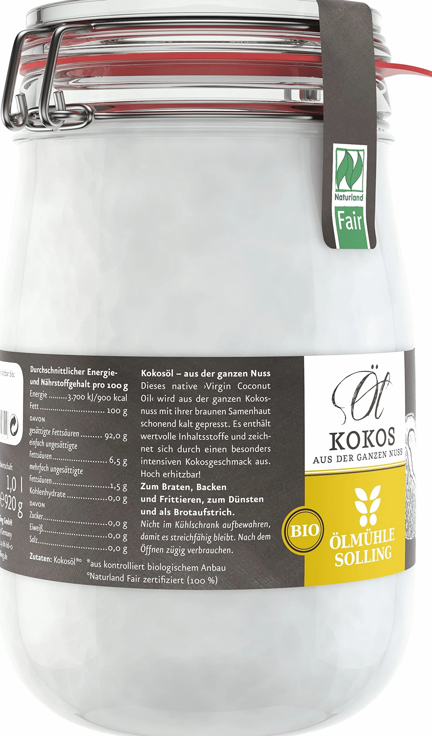 Aceite de coco Ölmühle Solling Bio & Naturland Fair 1000 ml para planchar