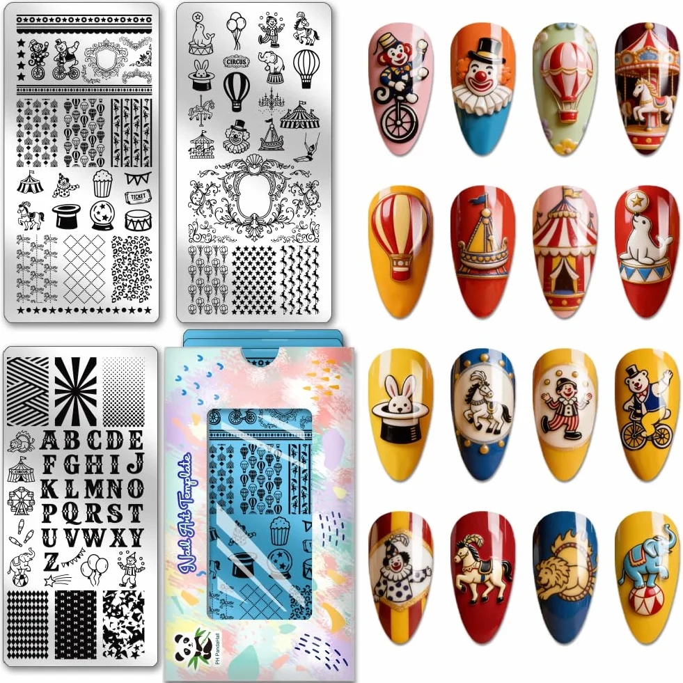 PH PandaHall 3 placas de estampado de uñas de circo, plantillas de arte de uñas de payaso, animal, geométricas