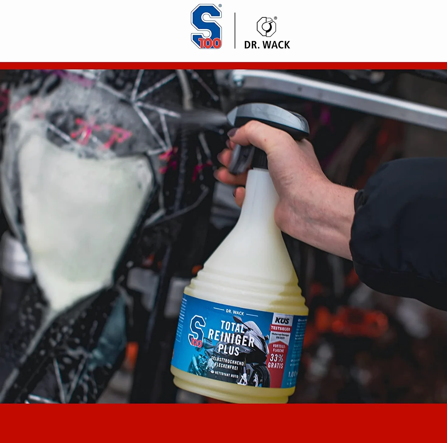 Kit de nettoyage et de séchage pour moto - Wack S100 Total Cleaner + Nettoyant rapide + Nettoyant pour jantes moto + Nuke Guys chiffon sec & 2x pinceaux + detailmate gant lavage & chiffon polissage