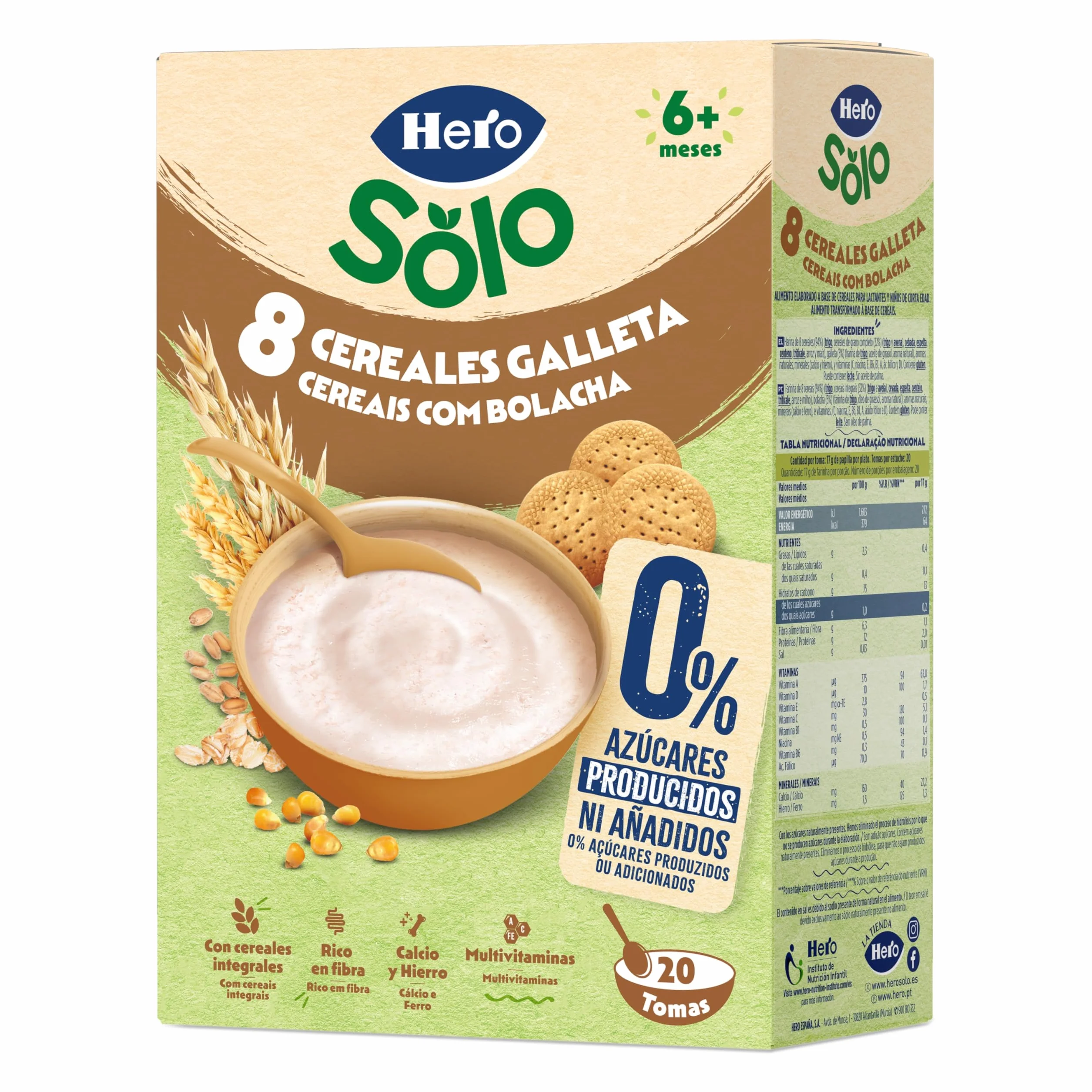 Hero Solo Papilla 8 Cereales con Galleta Sin Azúcares Añadidos para Bebés 6 Meses