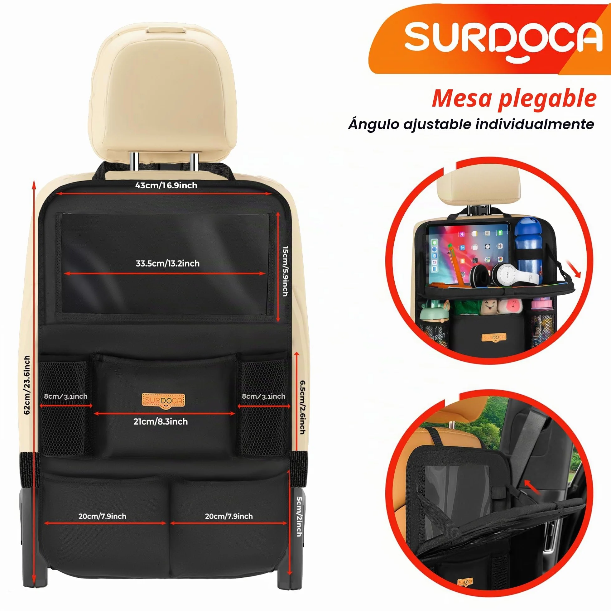 SURDOCA Organizador de asiento trasero de coche con bandeja plegable para niños y adultos – Nuevo modelo de almacenamiento de asiento con bolsillo táctil para tablet, artículos esenciales para viajes