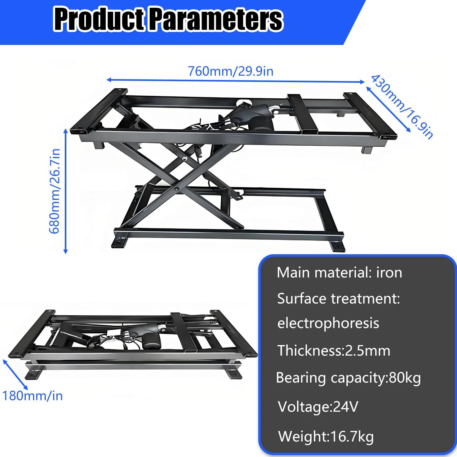 Mesa elevadora eléctrica de tijera – Altura ajustable 180-680 mm, plataforma de elevación hidráulica con mando a distancia para manejo y transporte de materiales, resistente, diseño portátil